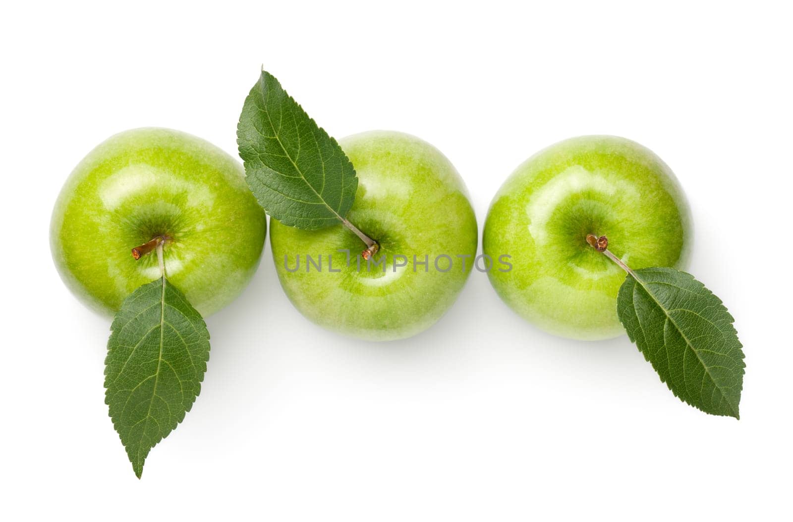 Green apples with leaves isolated on white background. Fresh granny smith apple. Top view, flat lay