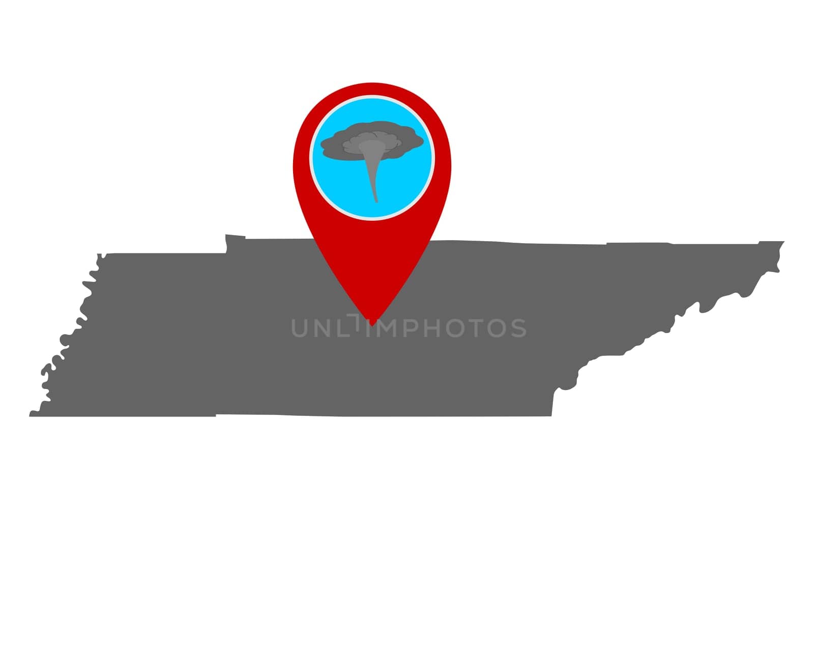 Karte von Tennessee und Pin Tornadowarnung