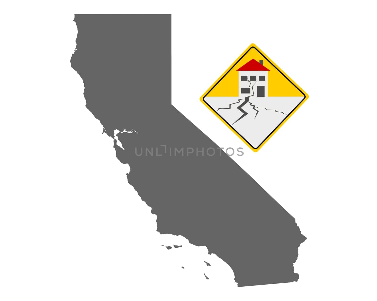 Karte von Kalifornien und Erdbebenwarnschild