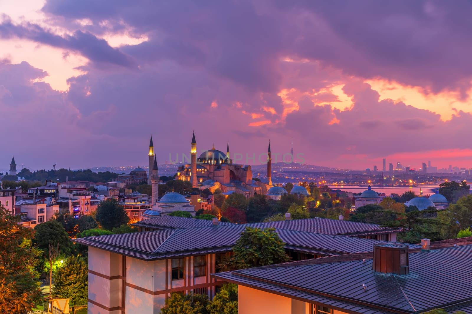 Hagia Sophia, the Bosphorus and the roofs of Istanbul, evening photo.