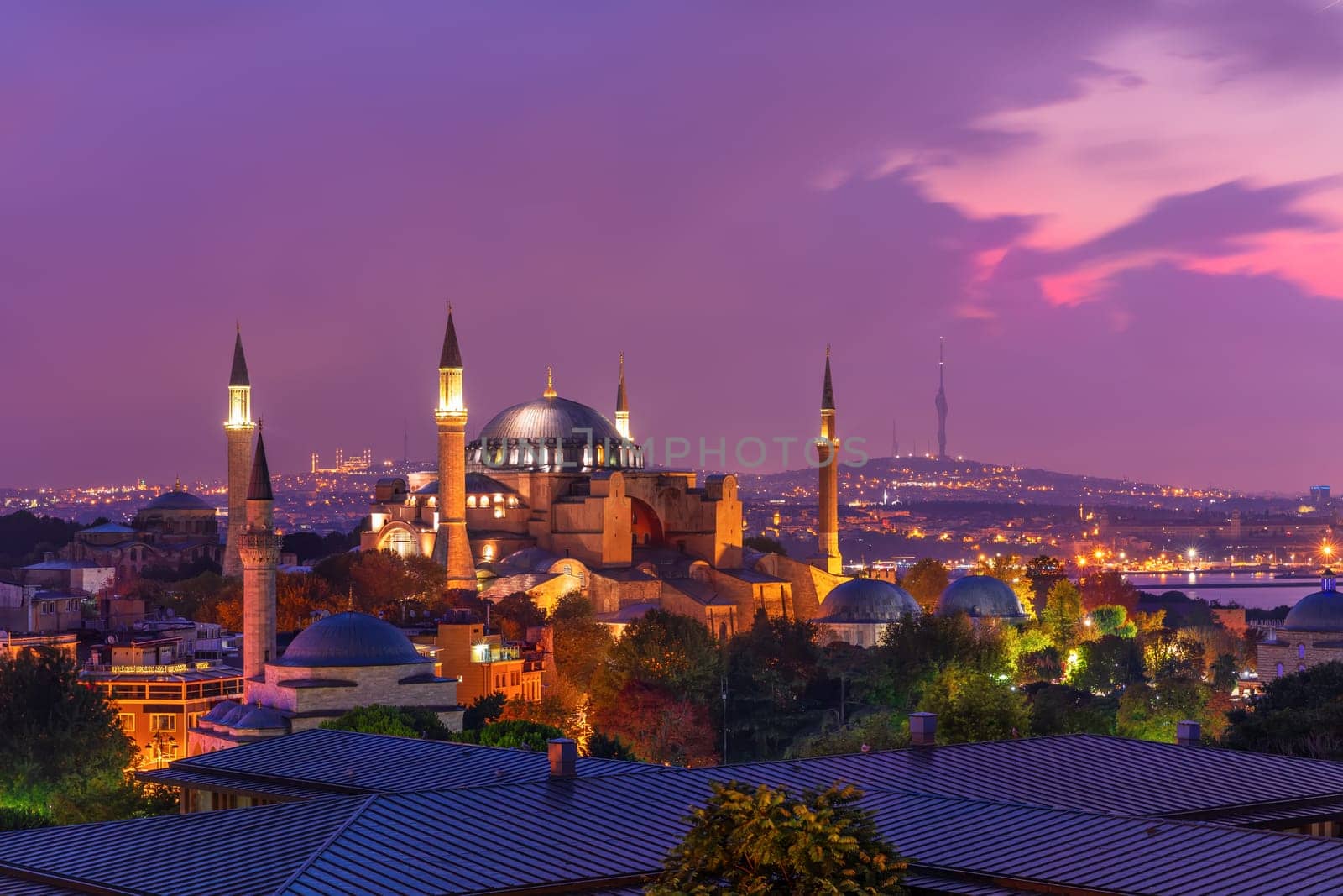 Hagia Sophia in the Istanbul skyline, beautiful evening view.