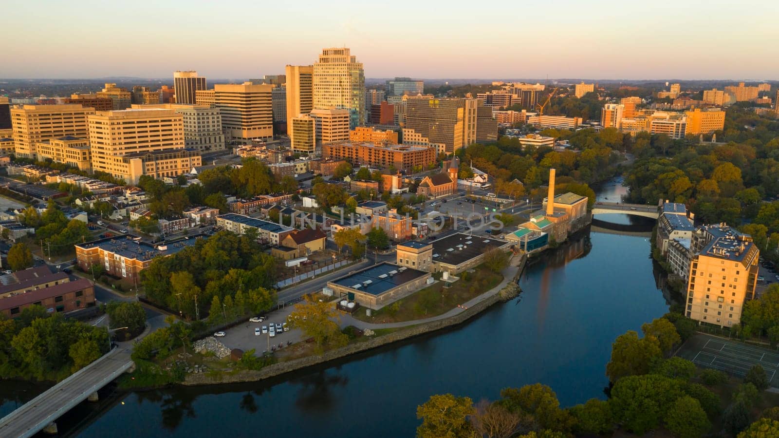 Saturated early morning light hits the buildings and architecture of downtown Wilmington Delaware
