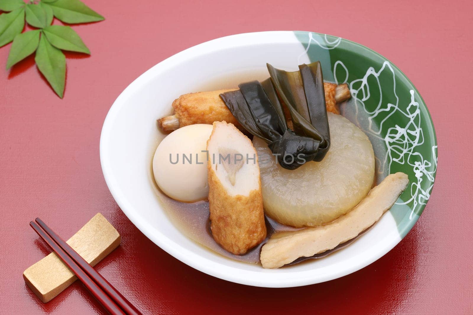 Japanese food, Oden in a bowl on red background