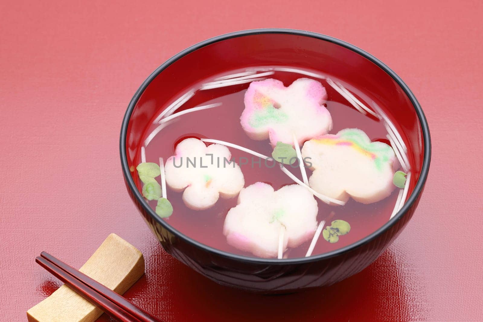 Japanese food, Osuimono soup of fu and vegetables in a bowl