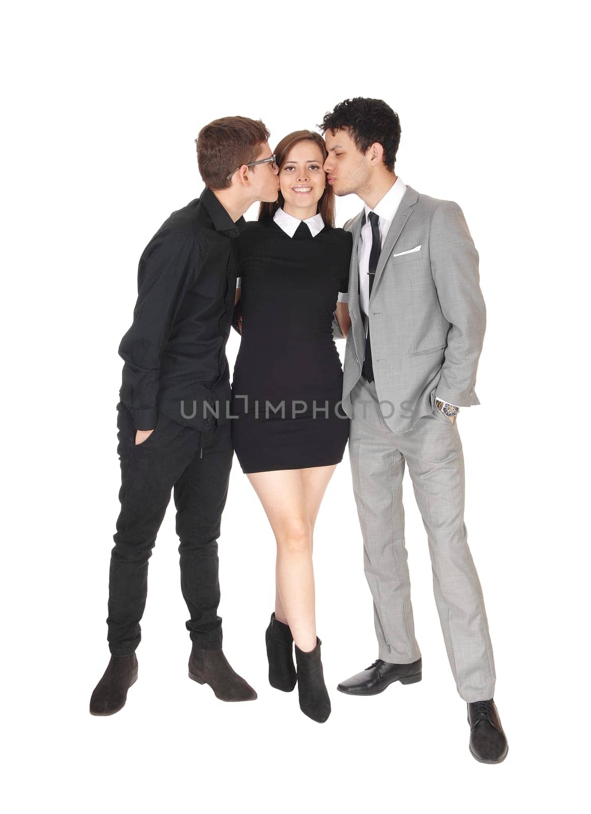 A nice picture of two brothers kissing her sister, isolated for white.background.