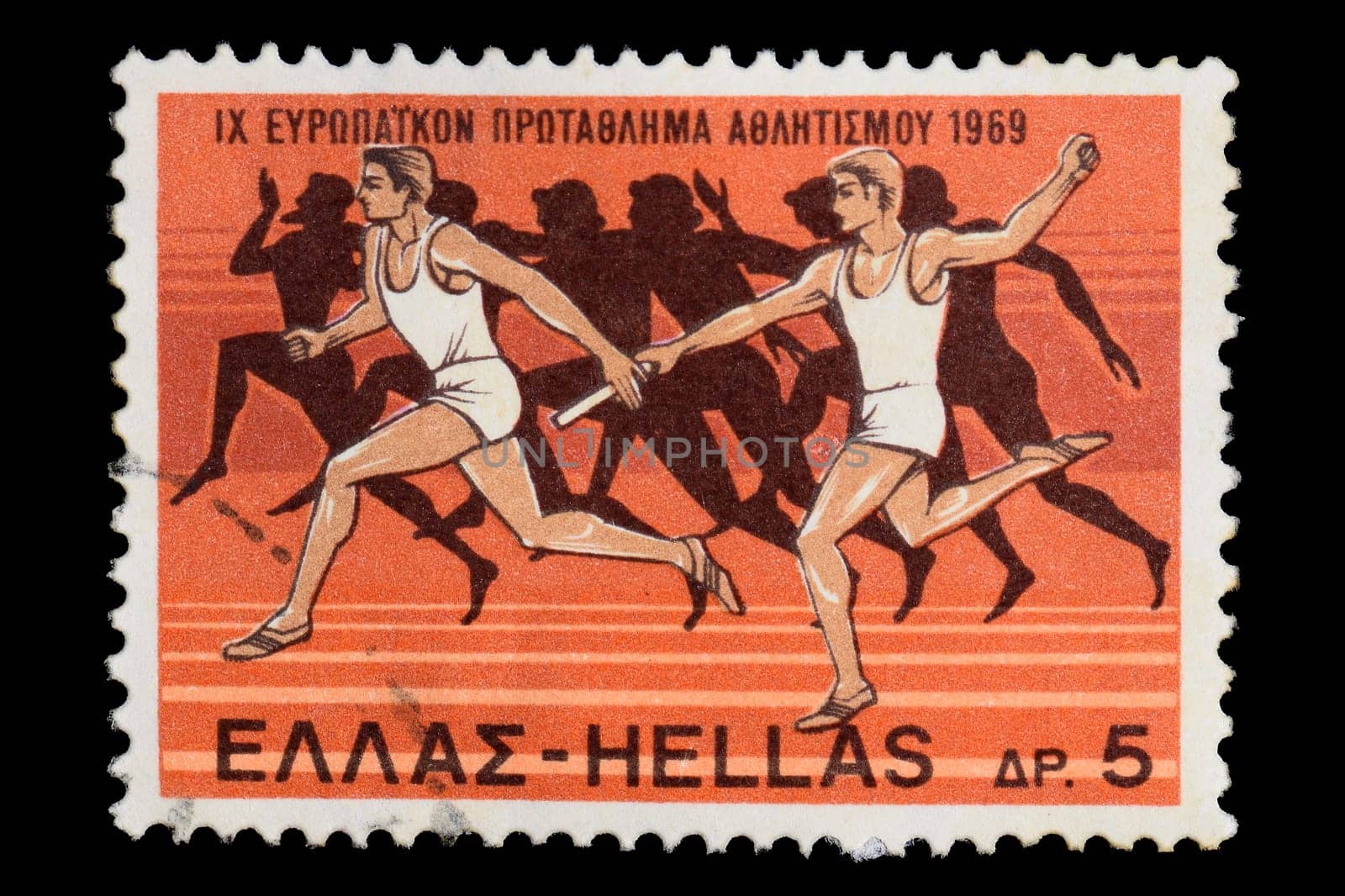 GREECE - CIRCA 1969: Relay race illustration with modern runners and ancient athletes silhouette on Hellenic Post Office vintage postage stamp for the 1969 European Athletics Championships held in Athens, Greece.