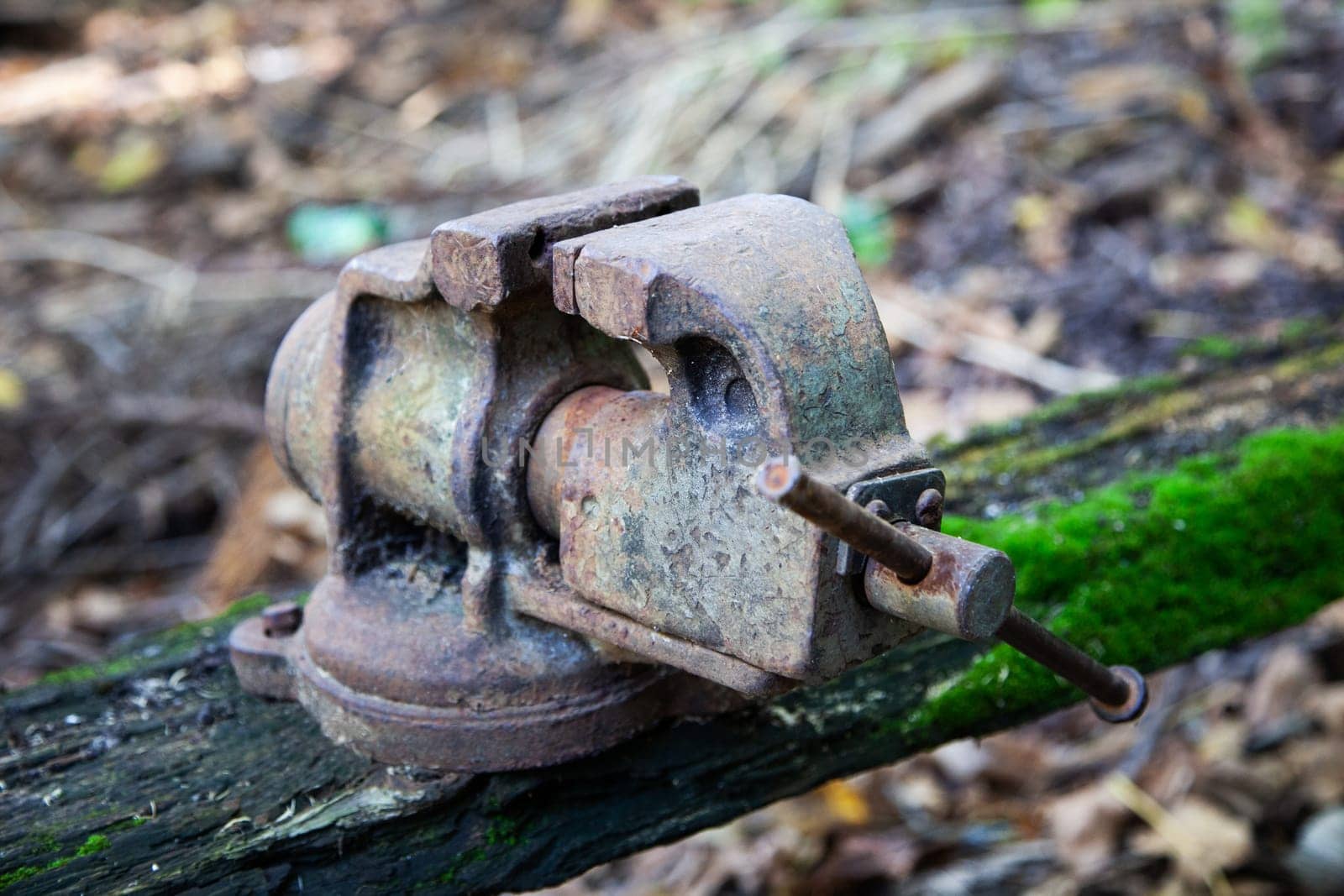 Old handmade rusty vice. Close up