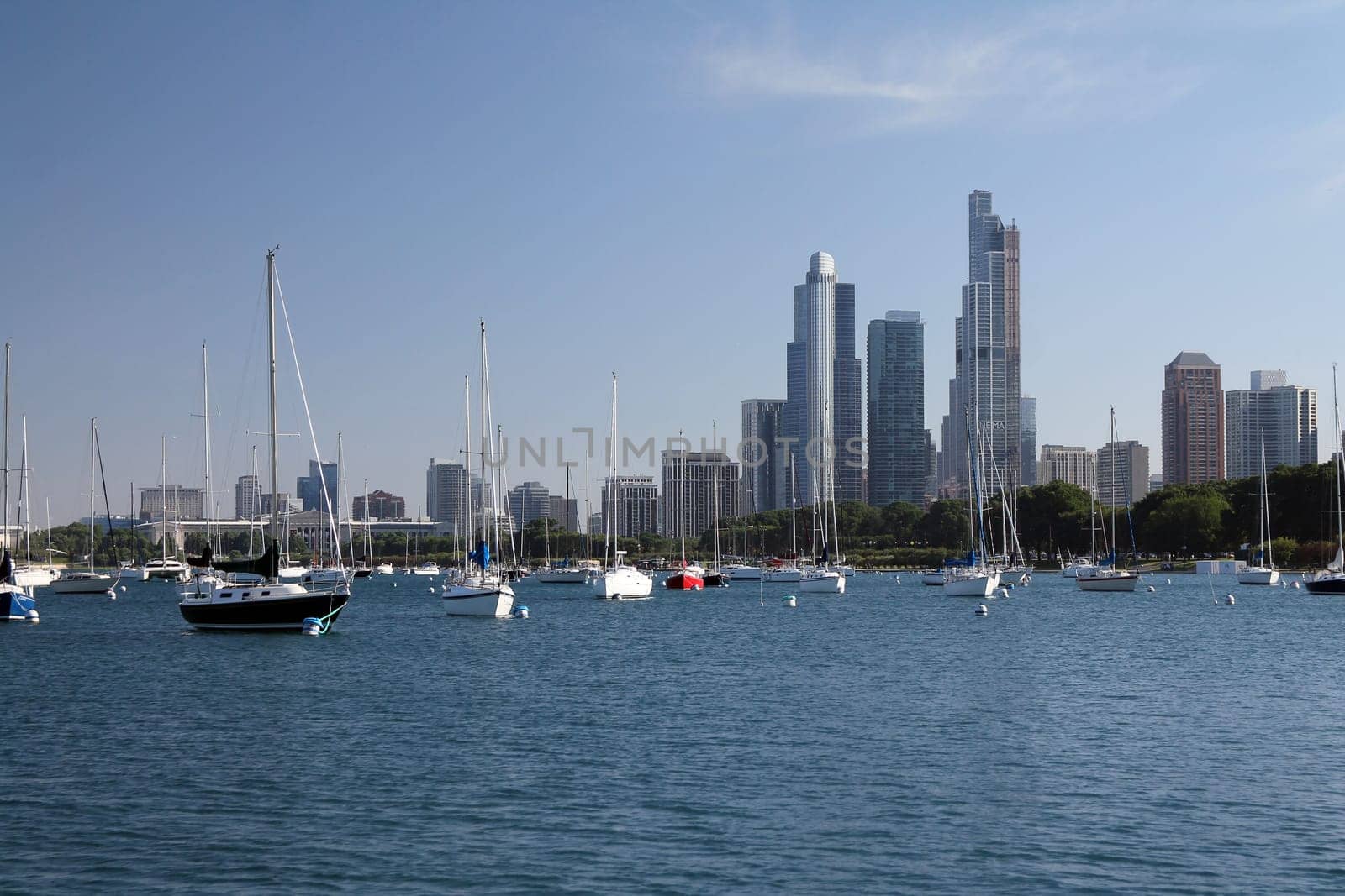 Chicago skyscrapers from the lake with boats