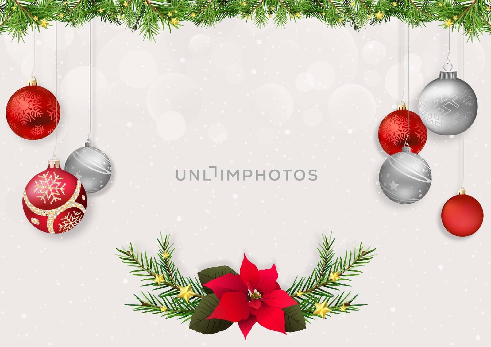 Christmas Background with Xmas Balls and Coniferous Decorations with Bokeh Effect - Abstract Illustration for Your Greeting Card and etc., Vector