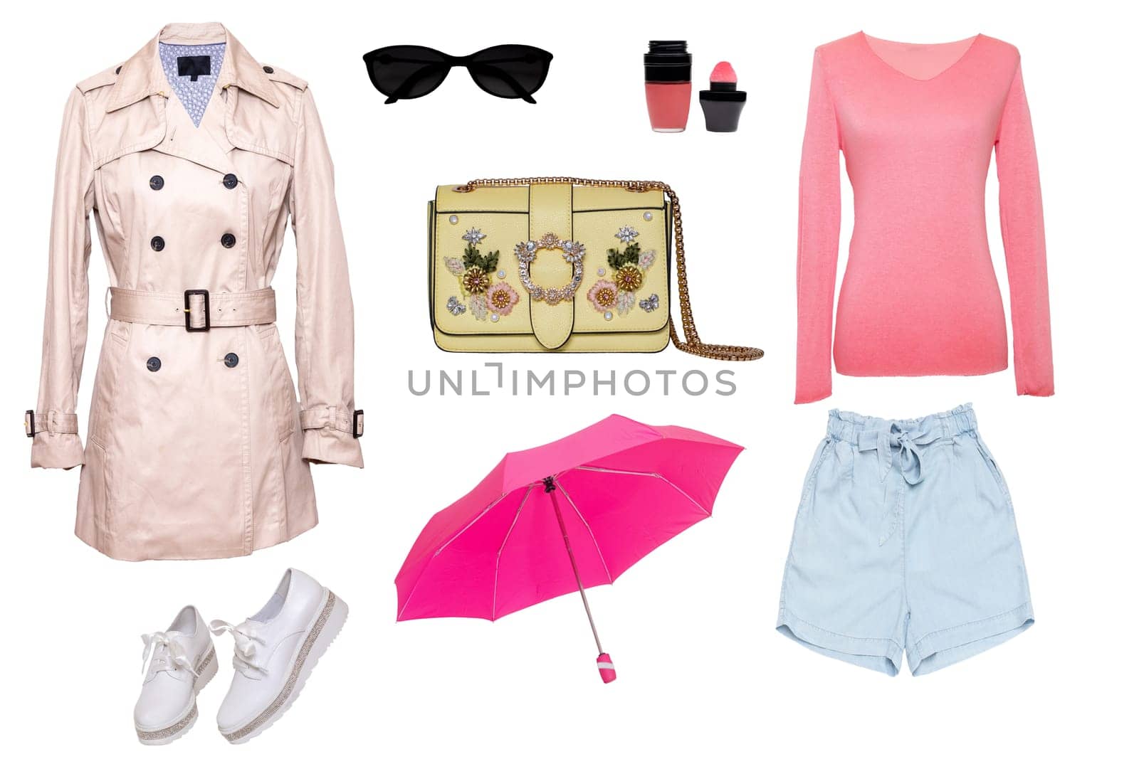 Collage woman clothes. Set of a stylish and trendy women coat, a blouse or shirt, white shoes, a handbag, a shorts and other accessories isolated on a white background. Latest fashion trends.