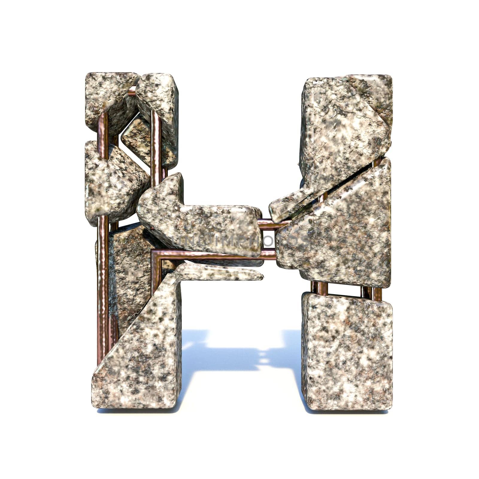Concrete fracture font Letter H 3D render illustration isolated on white background