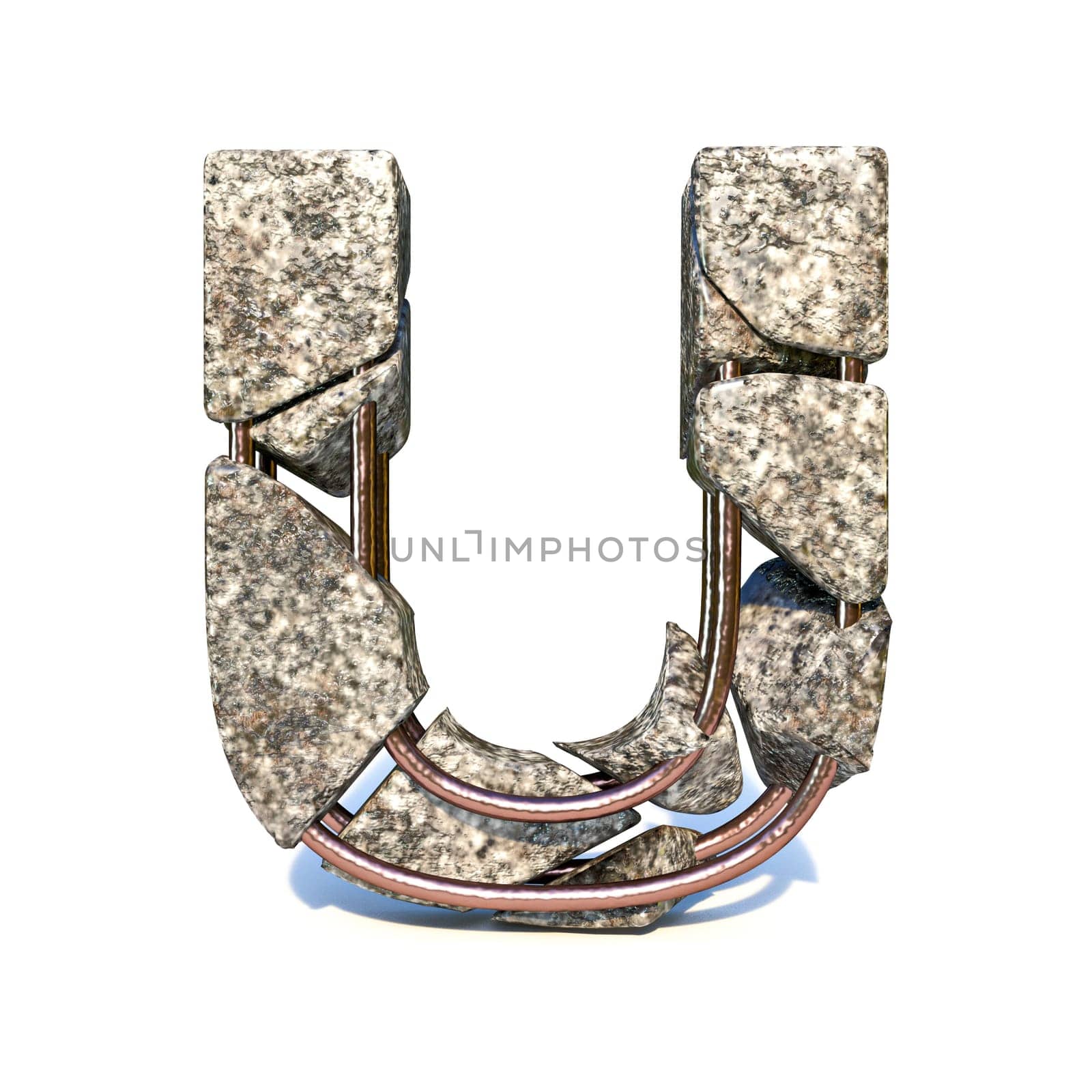 Concrete fracture font Letter U 3D render illustration isolated on white background