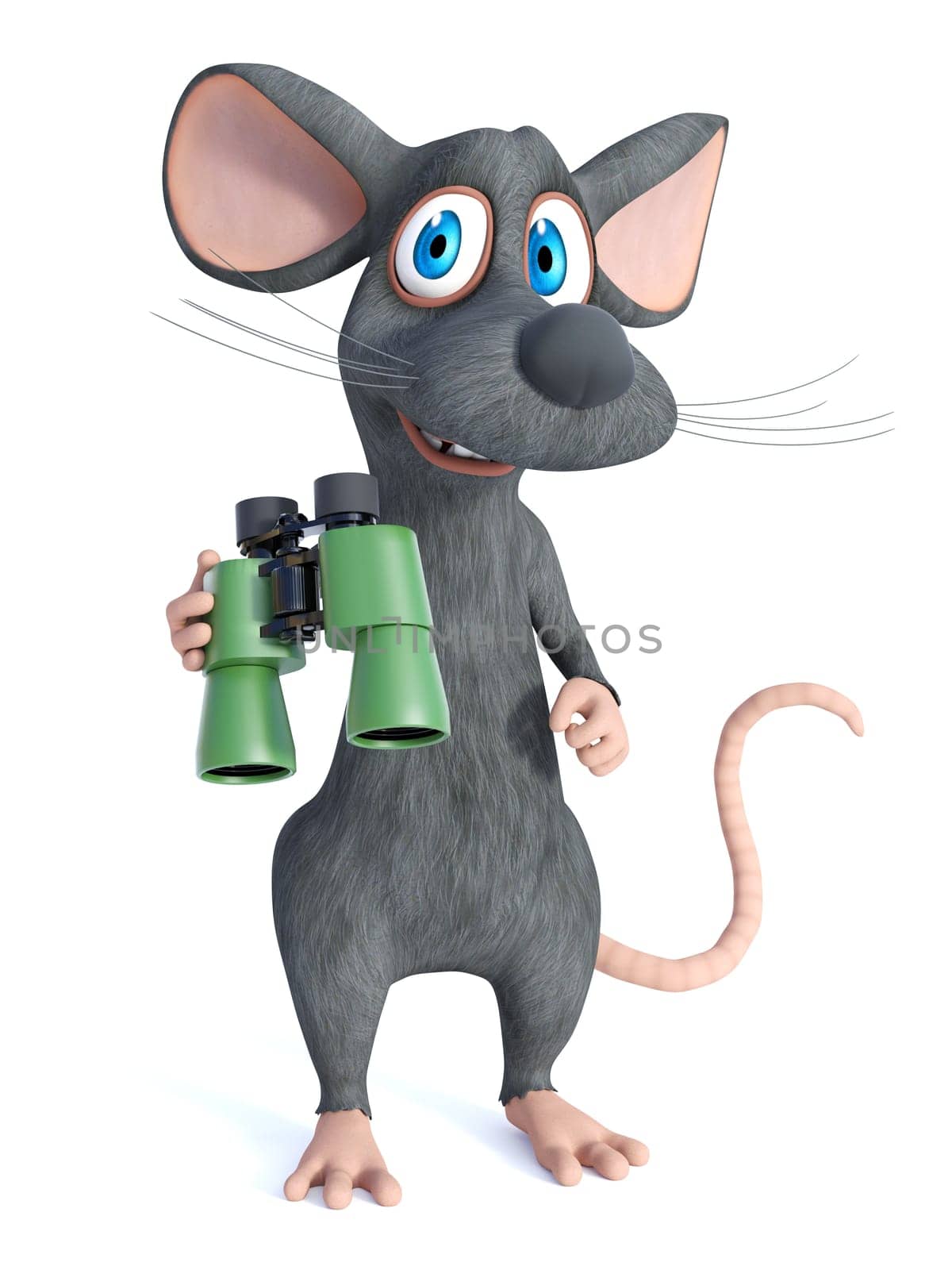 3D rendering of a cute smiling cartoon mouse holding binoculars. White background.