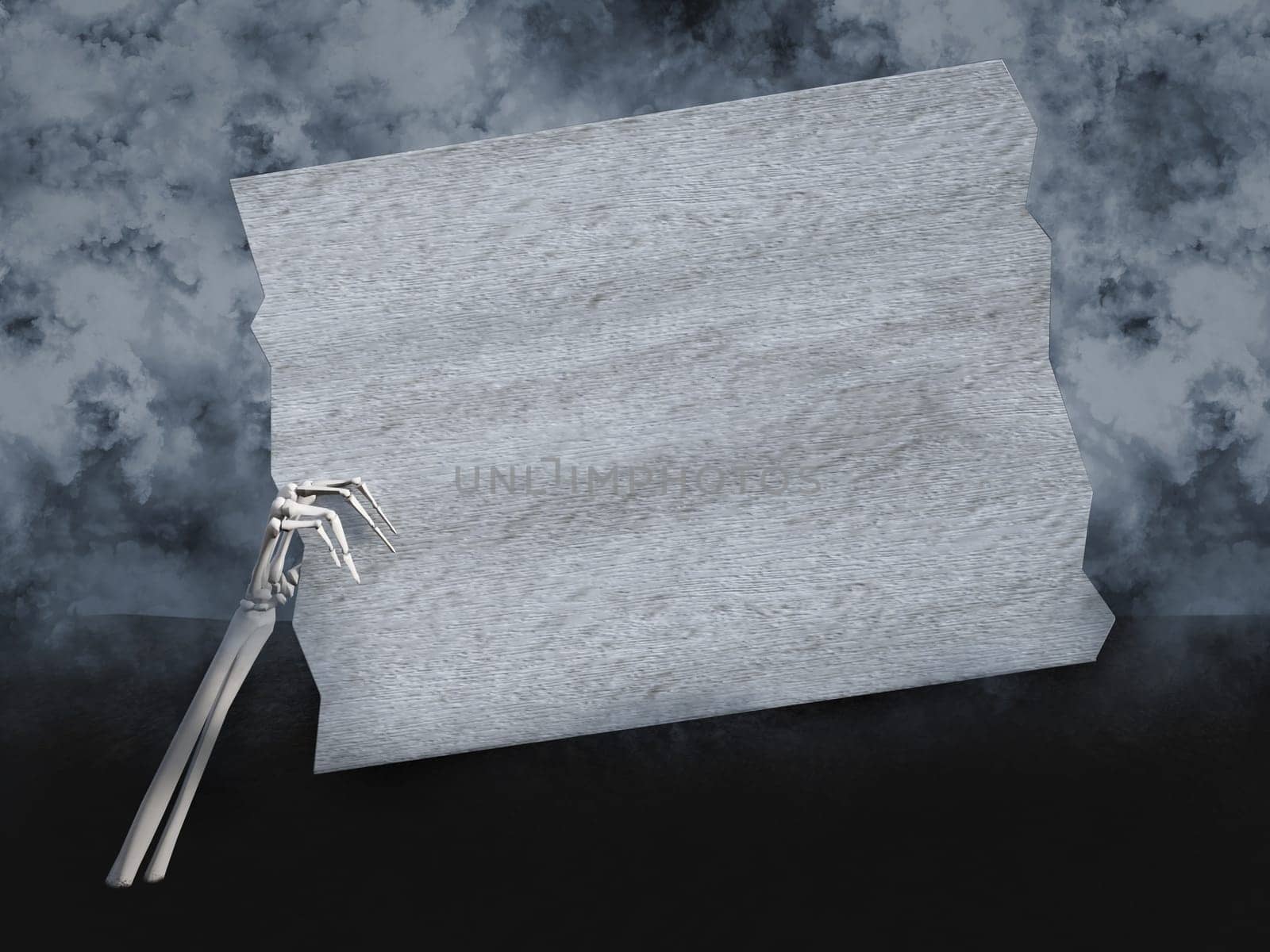 3D rendering of a skeleton hand coming out of the ground, holding a blank white wooden sign with copyspace. Smoky background.
