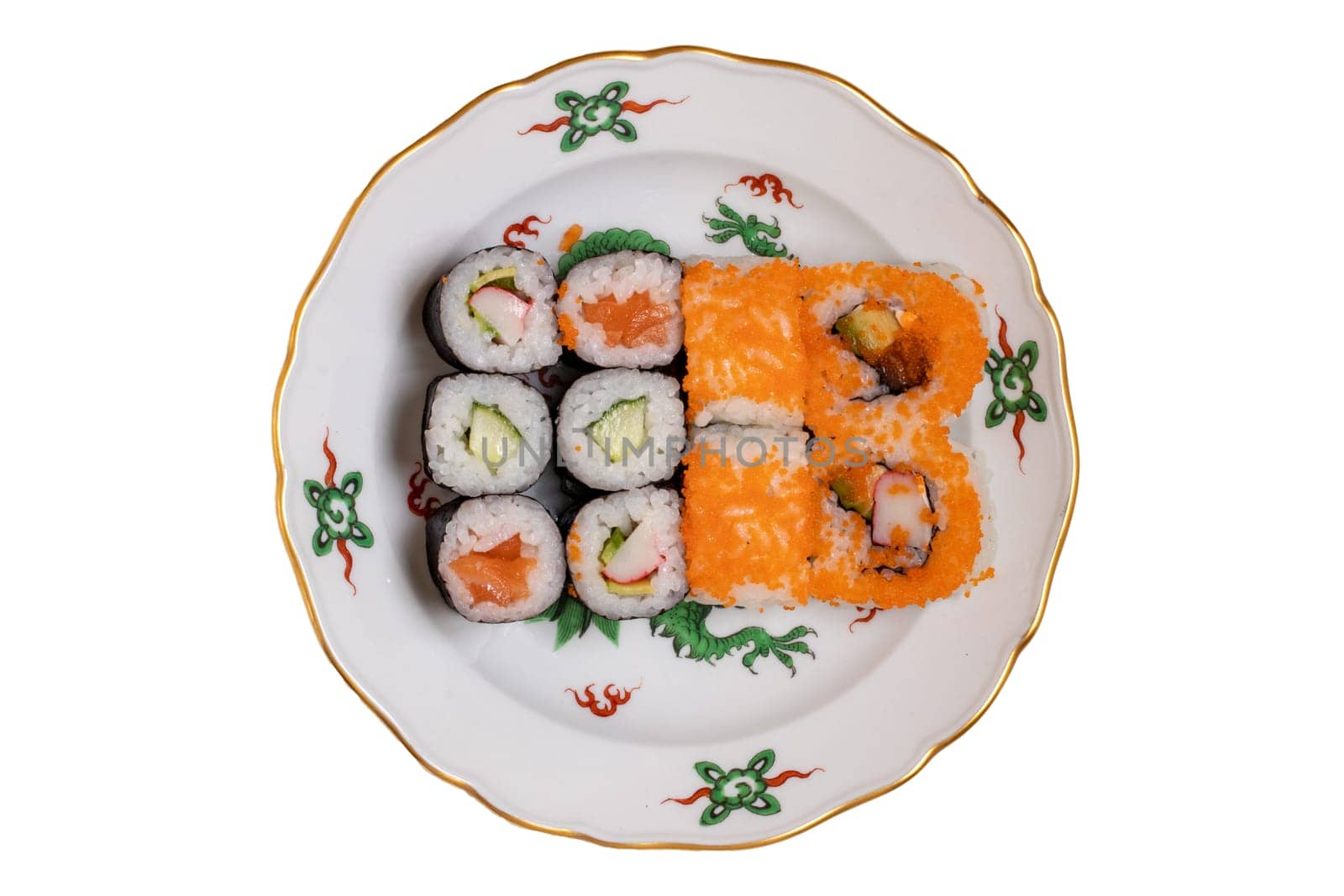 Traditional japanese sushi menu. Close-up of various kinds of sushi rolls with salmon, sashimi and other slices of raw fish served on a colorful plate. Macro. Top view.