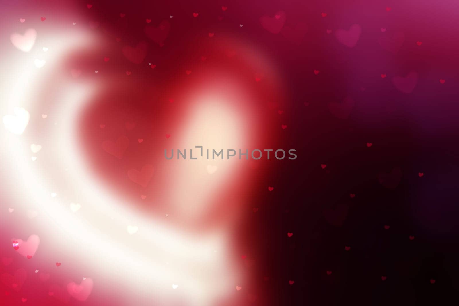 Happy Valentines or wedding day. Abstract love romantic holiday gradient purple pink background with white bokeh lights and hearts. Template for cards with space for your design. Beautiful texture.