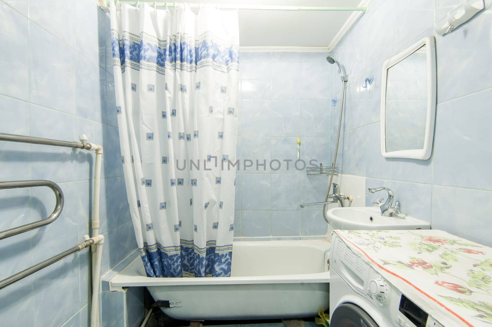 Russia, Moscow- May 29, 2019: interior room apartment. standard repair decoration in hostel. bathroom, sink, decoration elements, toilet
