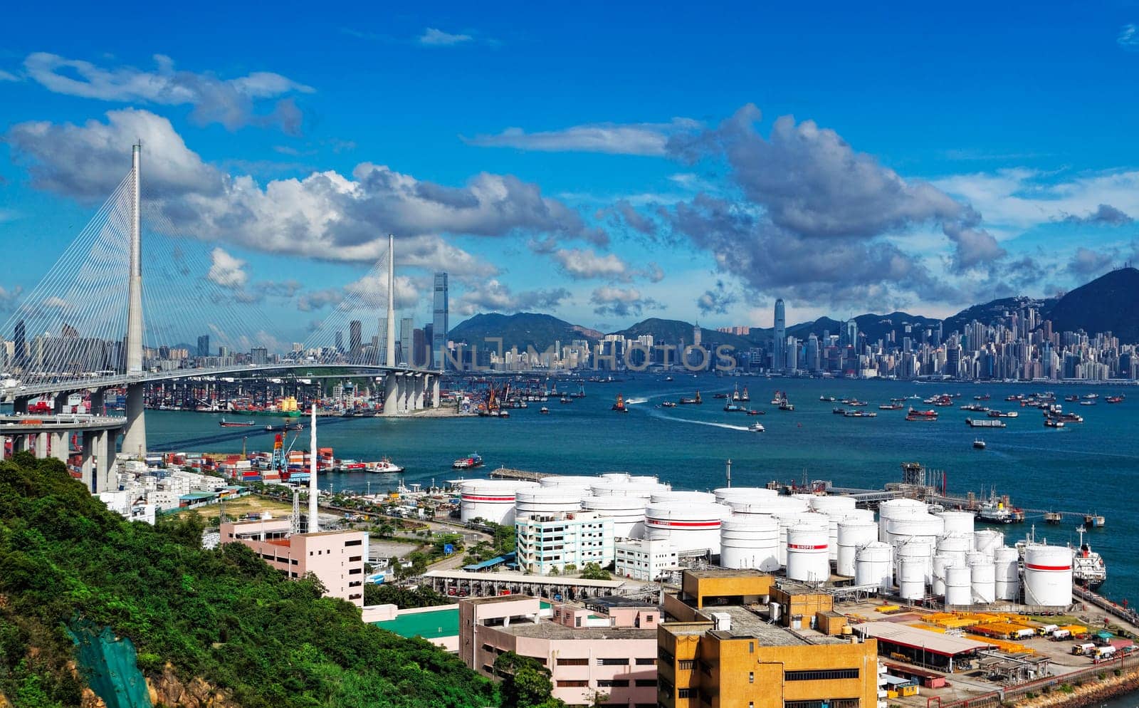 petrochemical industrial plant under blue sky, hong kong day