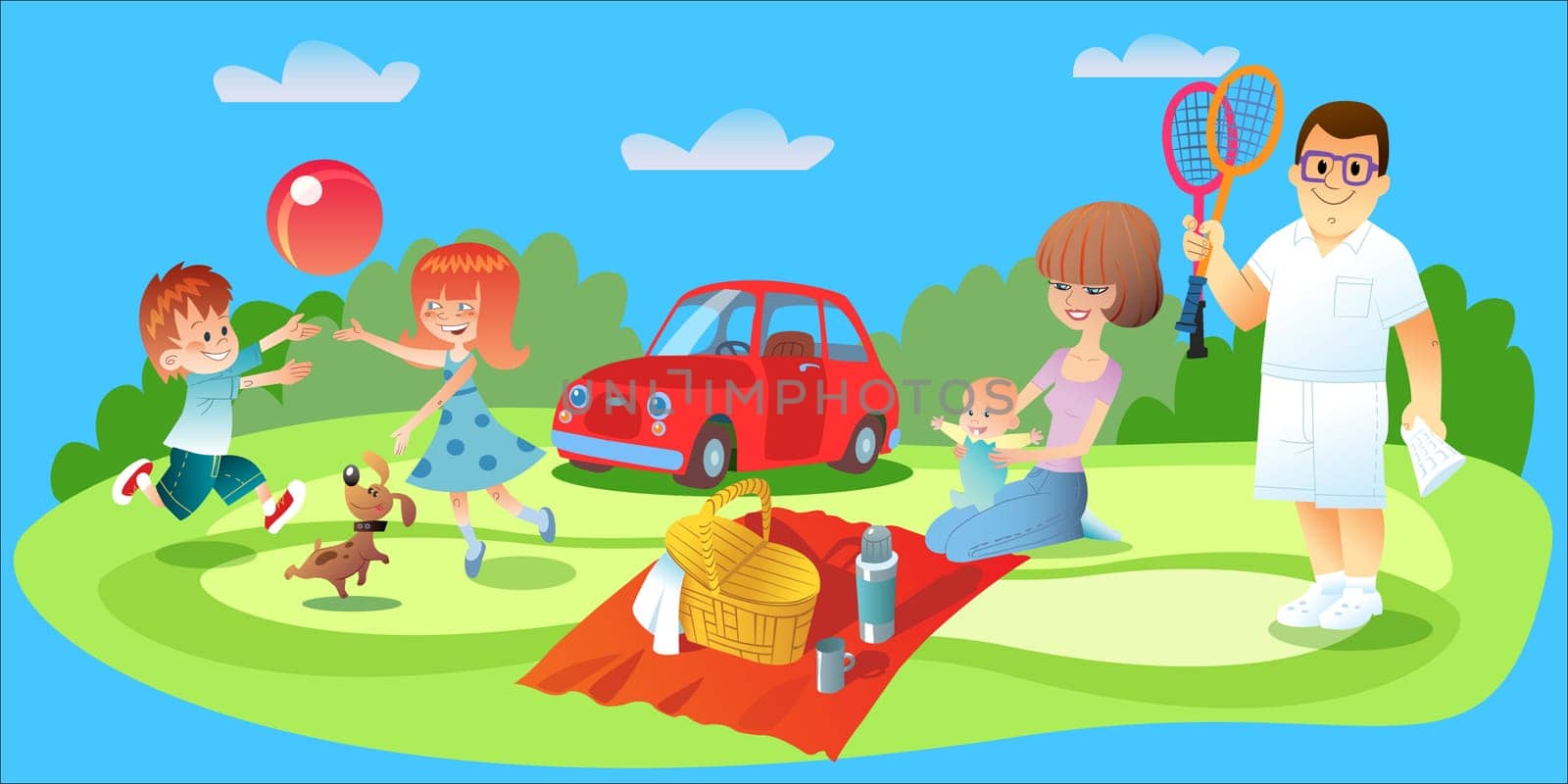 Family picnic. Dad plays badminton, Mamas got food and watching an infant brother and sister playing ball with the dog on the lawn of the car is worth