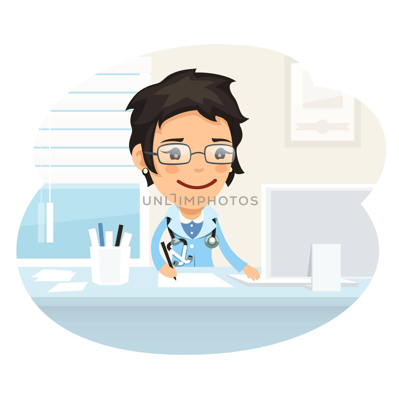 Woman Doctor Character Sitting at the Desk. Isolated on White Background. Clipping paths included in additional jpg format
