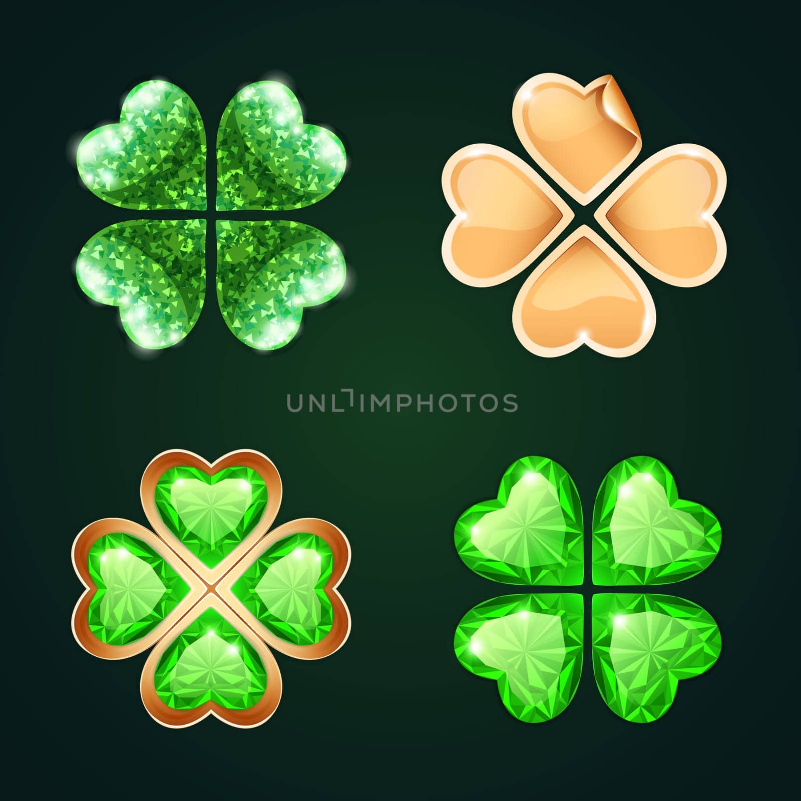 Vector Golden Four-leaf Clovers Set4 for St. Patrics Day Projects. Clipping paths included in additional jpg format.