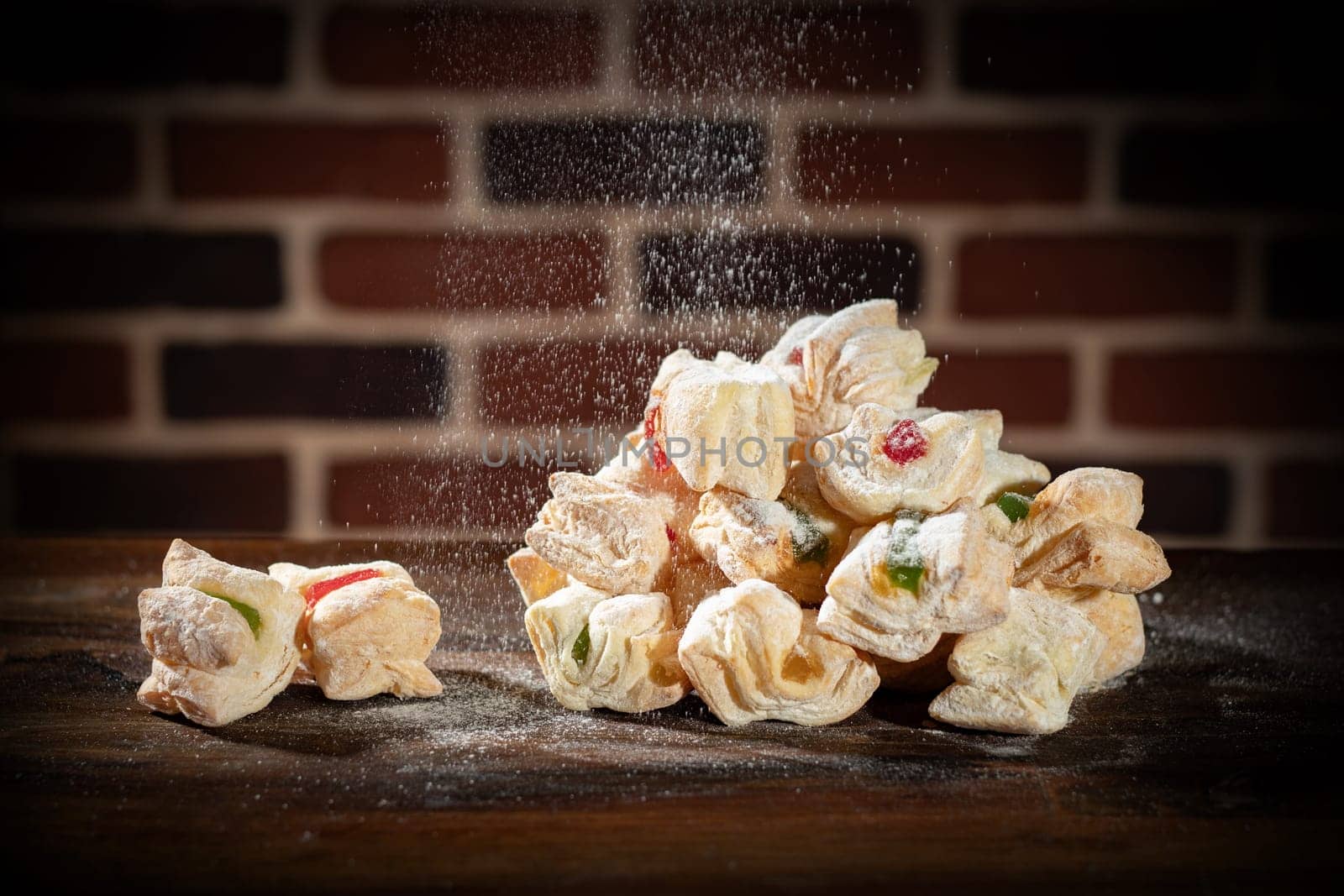Cakes filled with Turkish delights sprinkled with powdered sugar