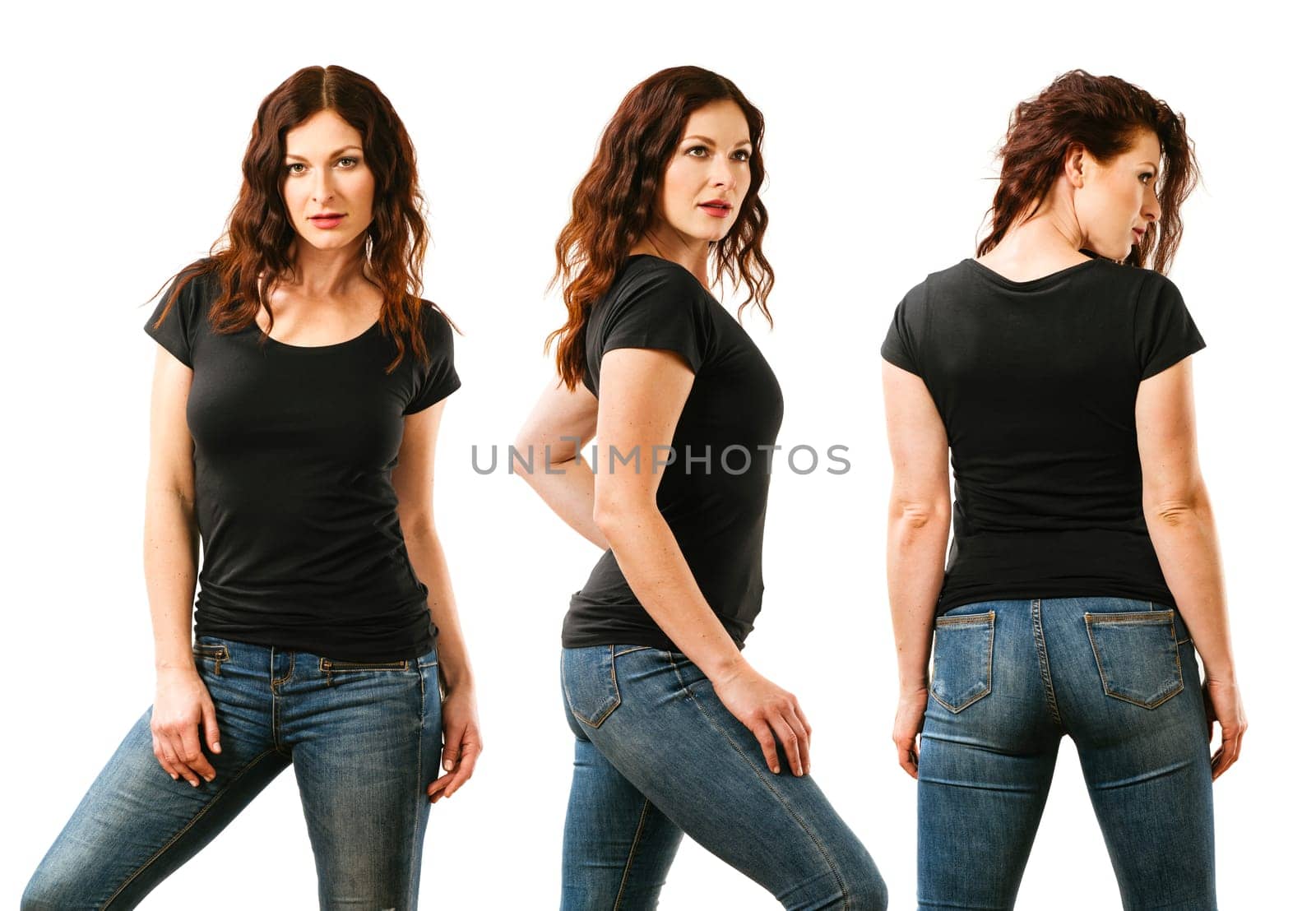 Photo of a young beautiful redhead woman with blank black shirt, front, side and back. Ready for your design or artwork.