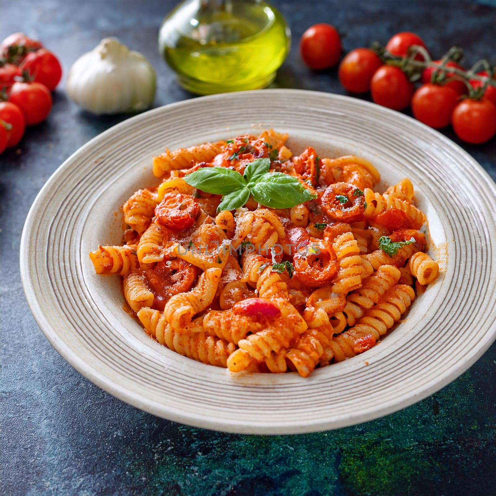 Beautifully ridged pasta enveloped in creamy vodka sauce vibrant cherry tomatoes and fresh herbs create a delightful fusion of flavors.