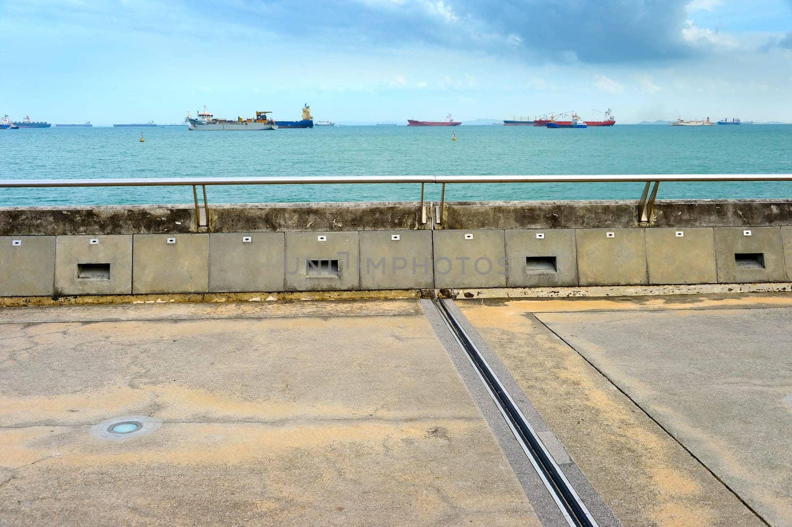Singapore harbor. Industrial cargo ships in the background