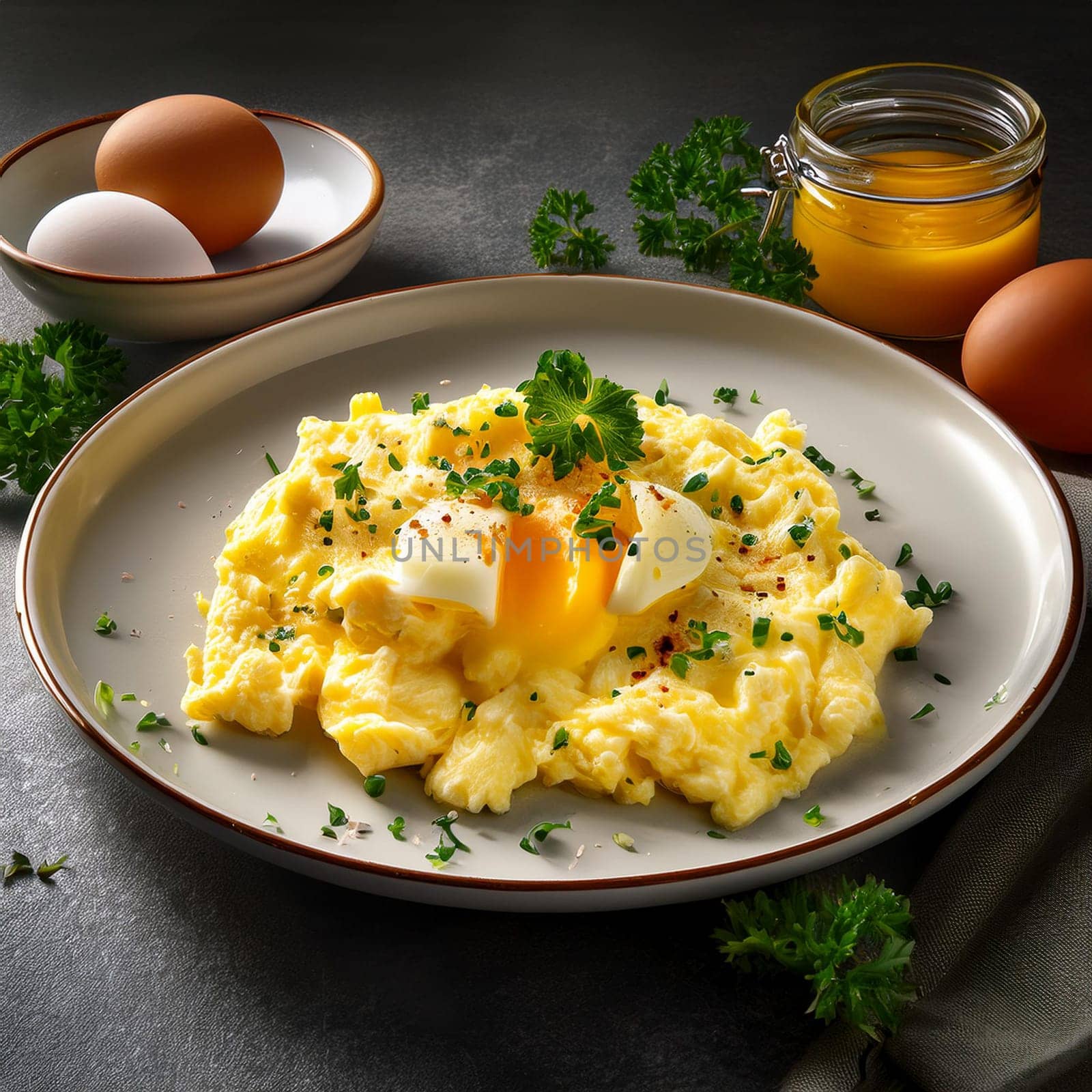 Oeuf Brouille features soft and fluffy scrambled eggs enhanced with butter and fresh herbs served warm for breakfast or brunch.