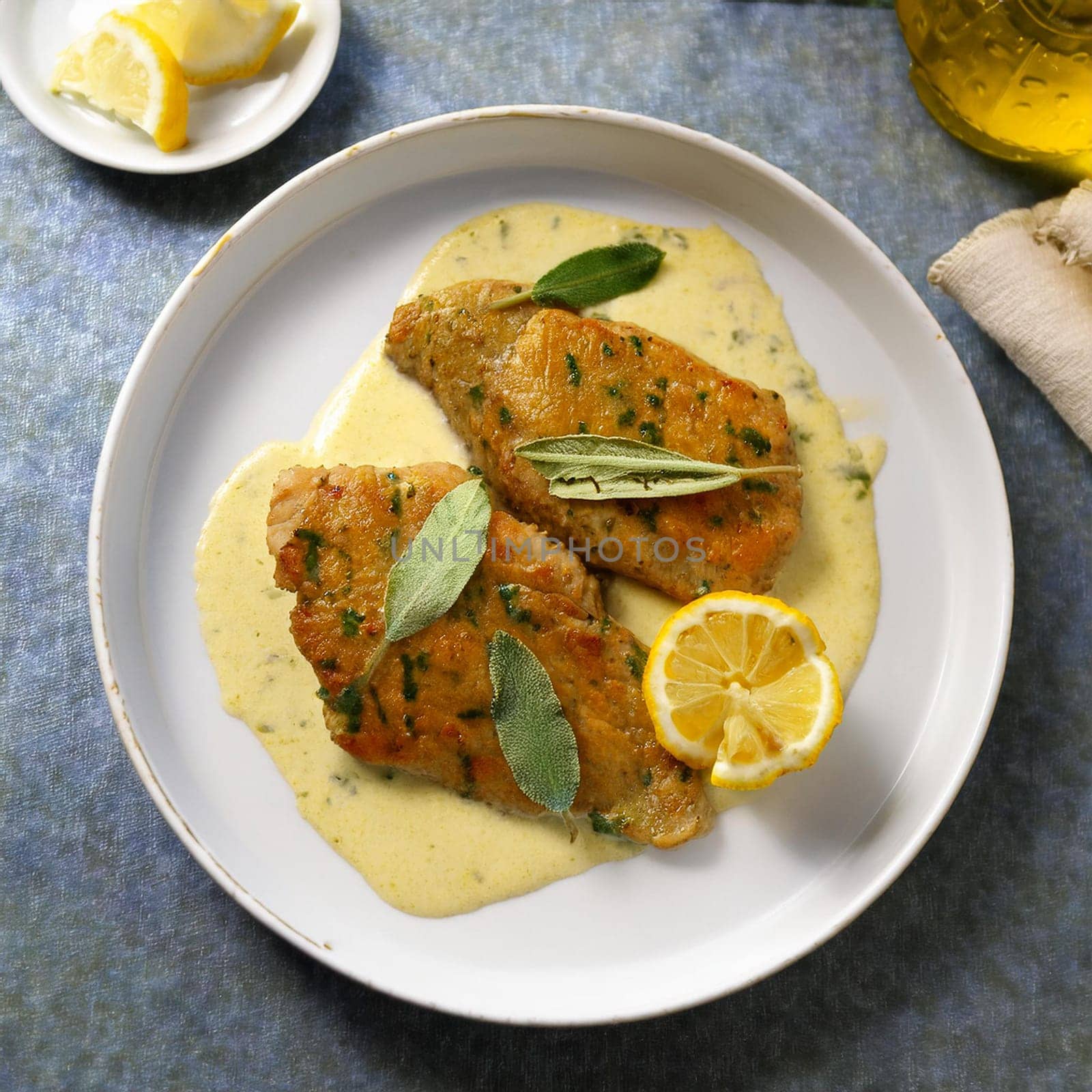 Tender veal scaloppine sauteed with lemon and sage drizzled with tangy butter sauce garnished with fresh sage leaves for delight.