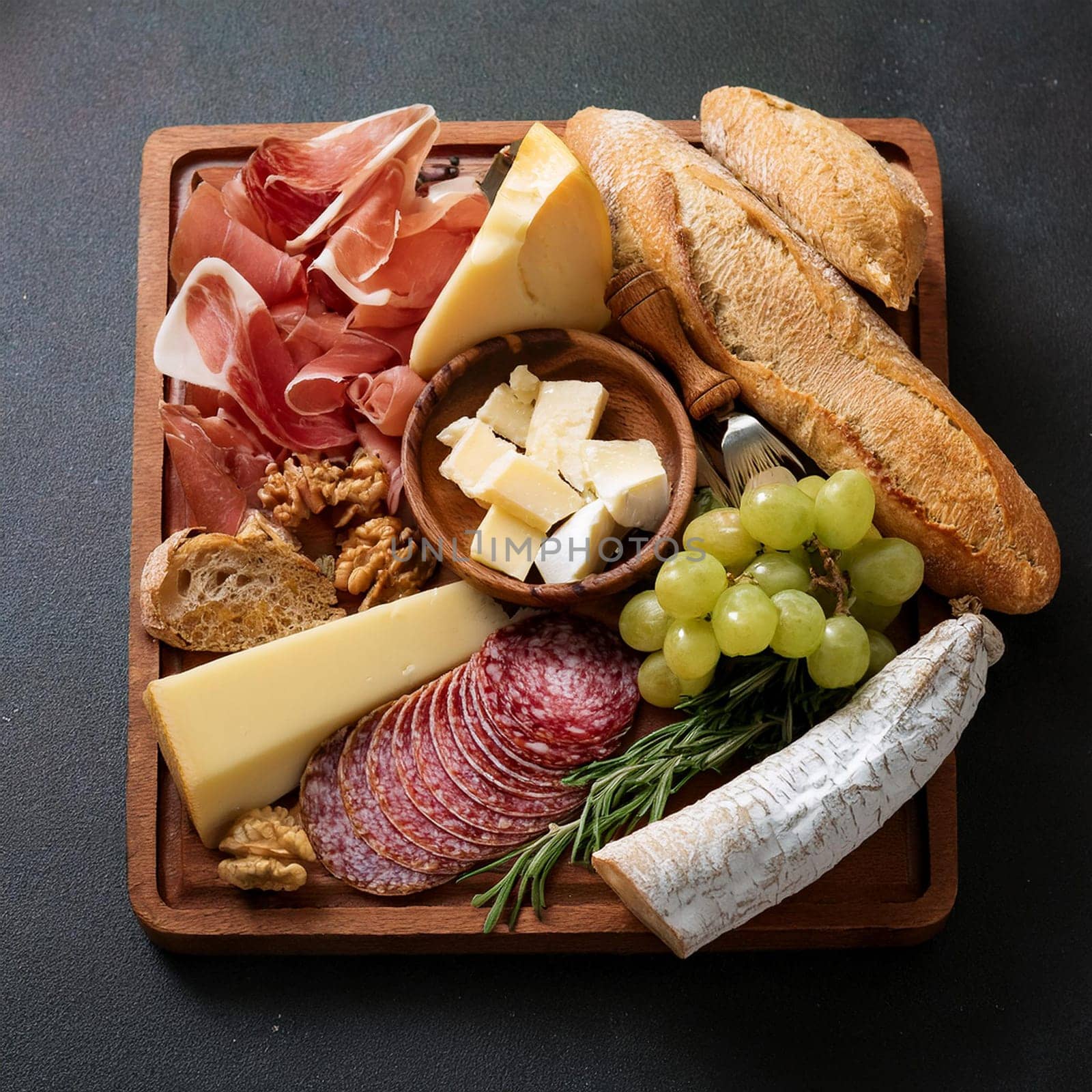 Delicious spread of mixed cheeses and cured meats beautifully arranged with fresh baguette slices and creamy butter for sharing.
