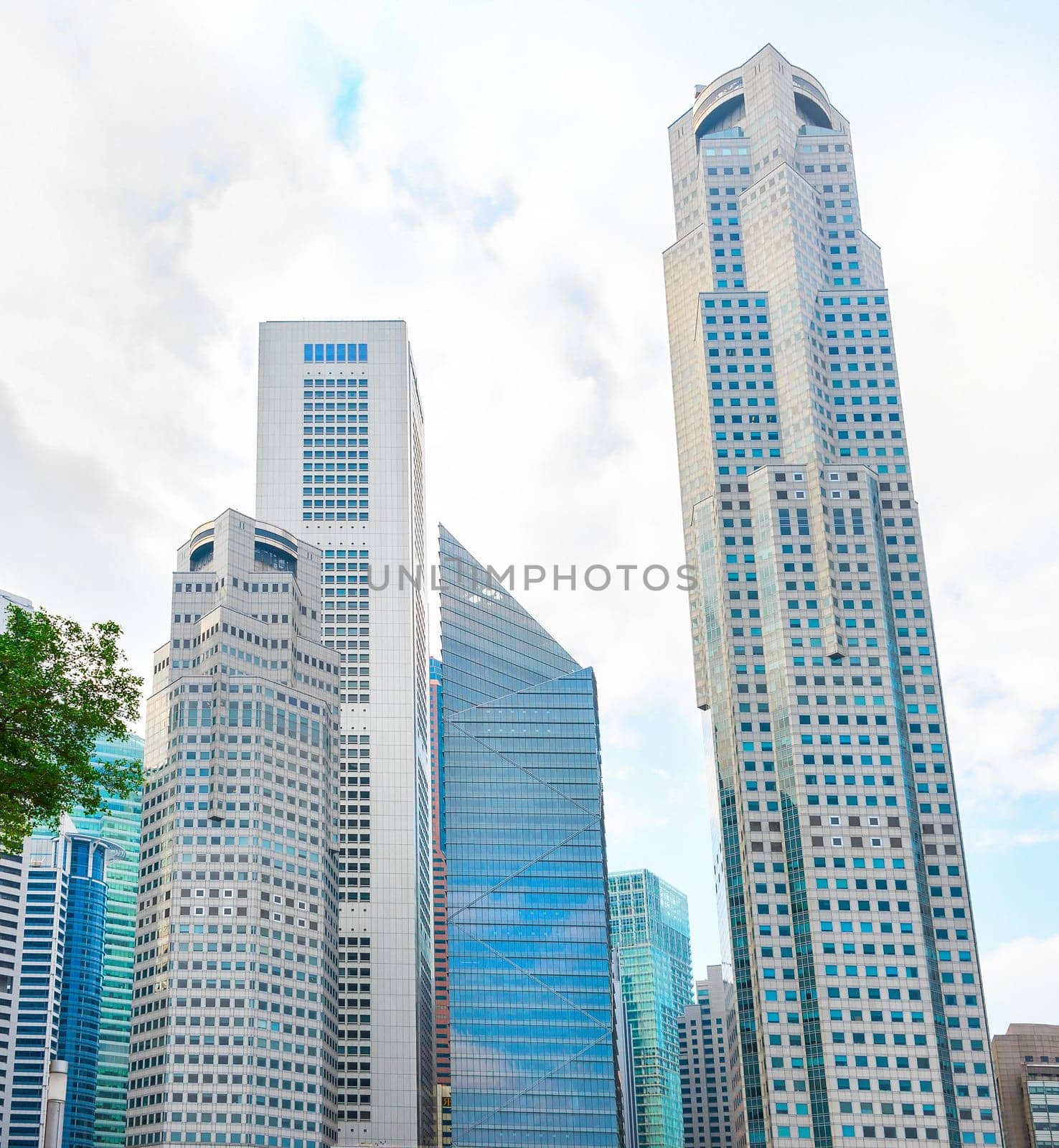 Modern skyscrapers of Singapore Downtown Core, bottom view