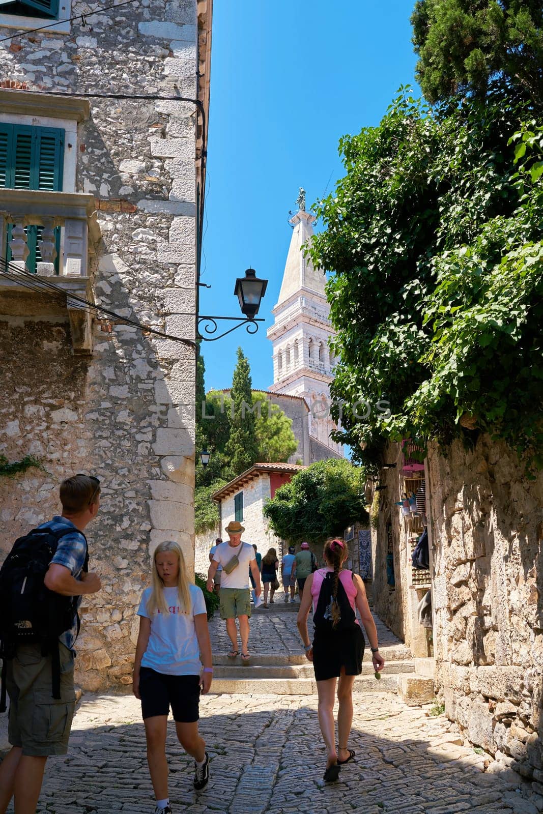 Tourists from all over the world in the historic old town of Rovinj in Croatia