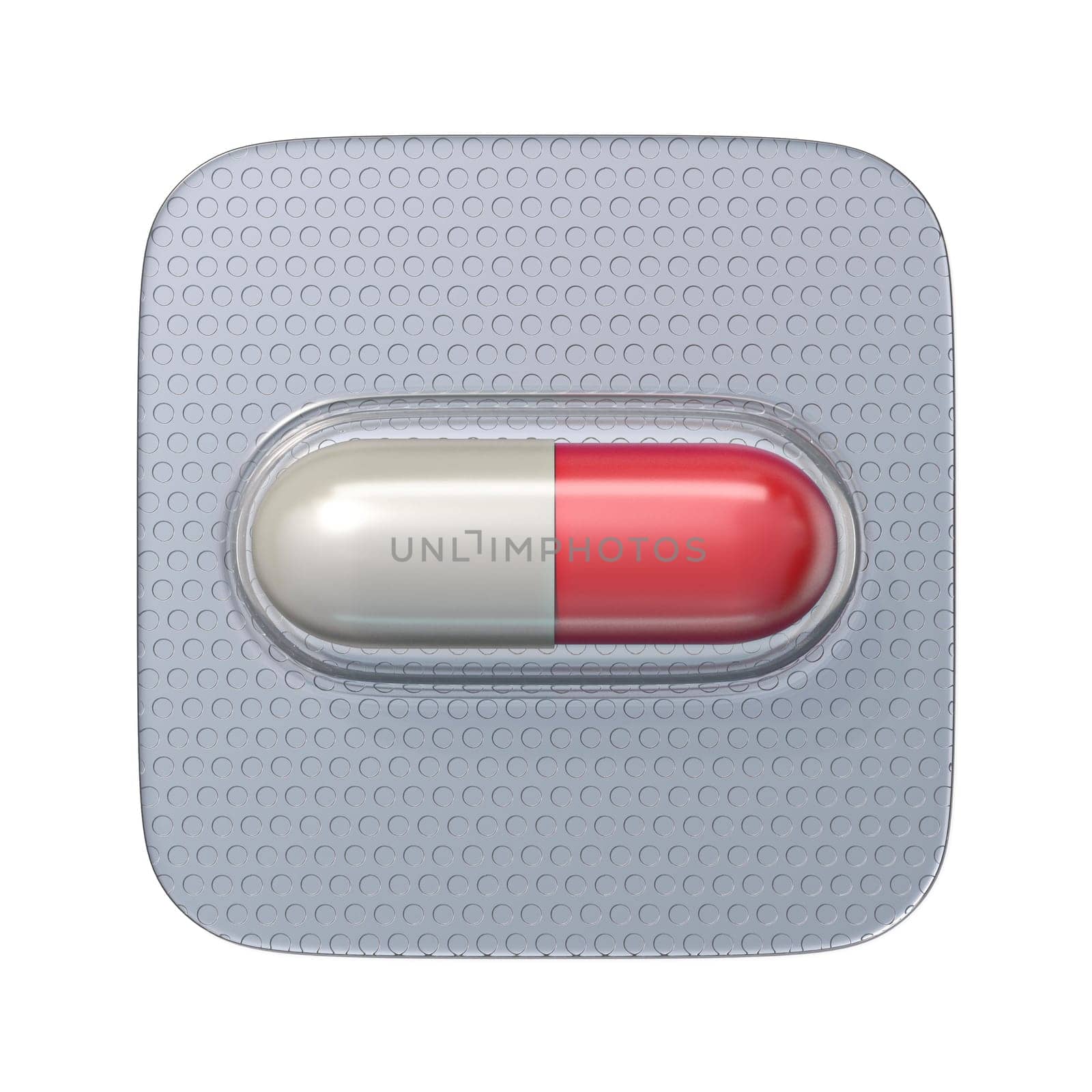 Single red pill in blister pack 3D render illustration isolated on white background