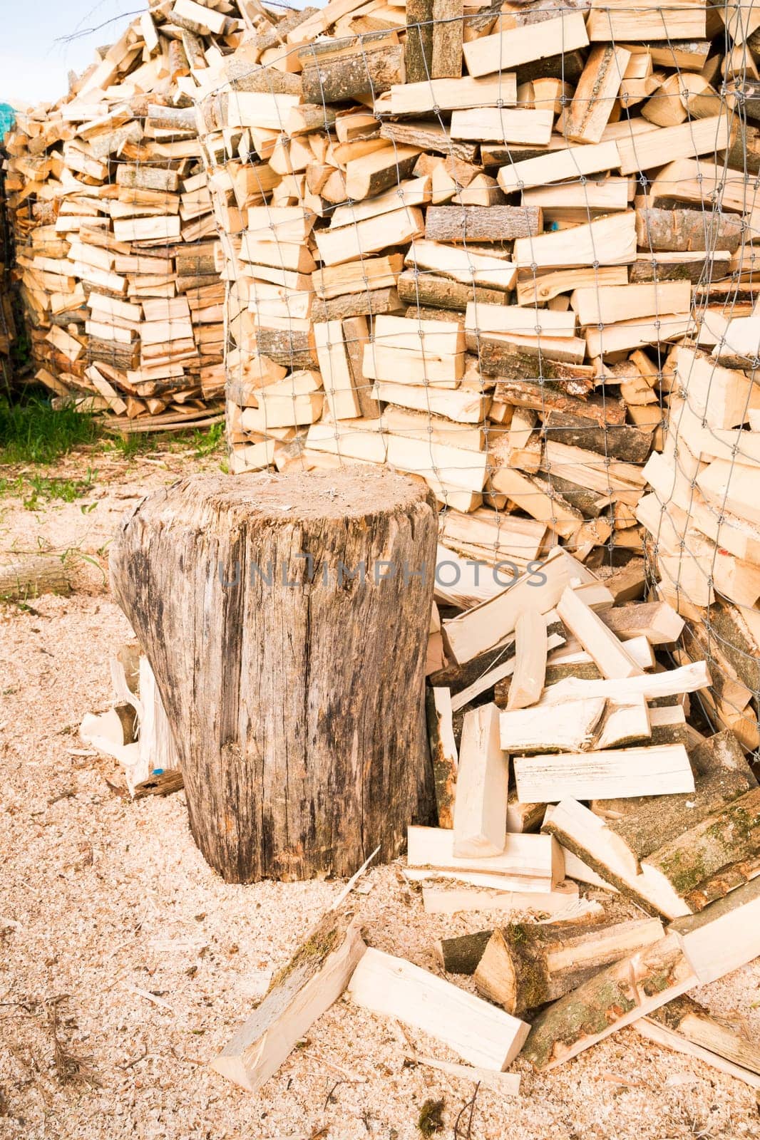 Logs in a metal grid cage with a chopping block on a lumber yard