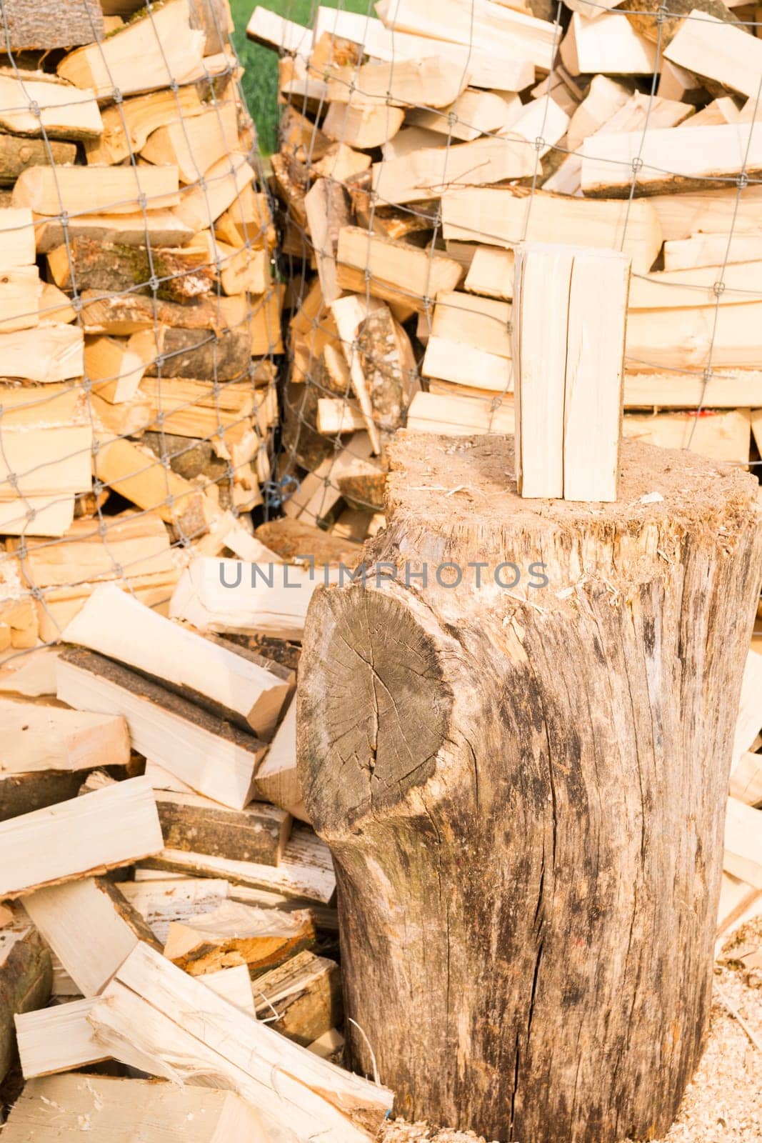 Logs in a metal grid cage with a chopping block on a lumber yard
