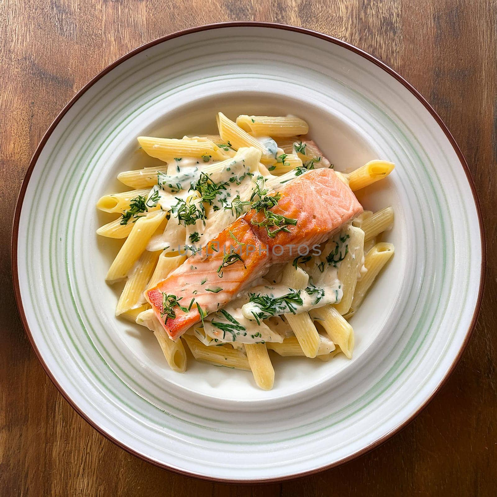 Penne aux deux saumons features creamy dill sauce succulent roasted salmon and smoked salmon for a rich seafood experience.