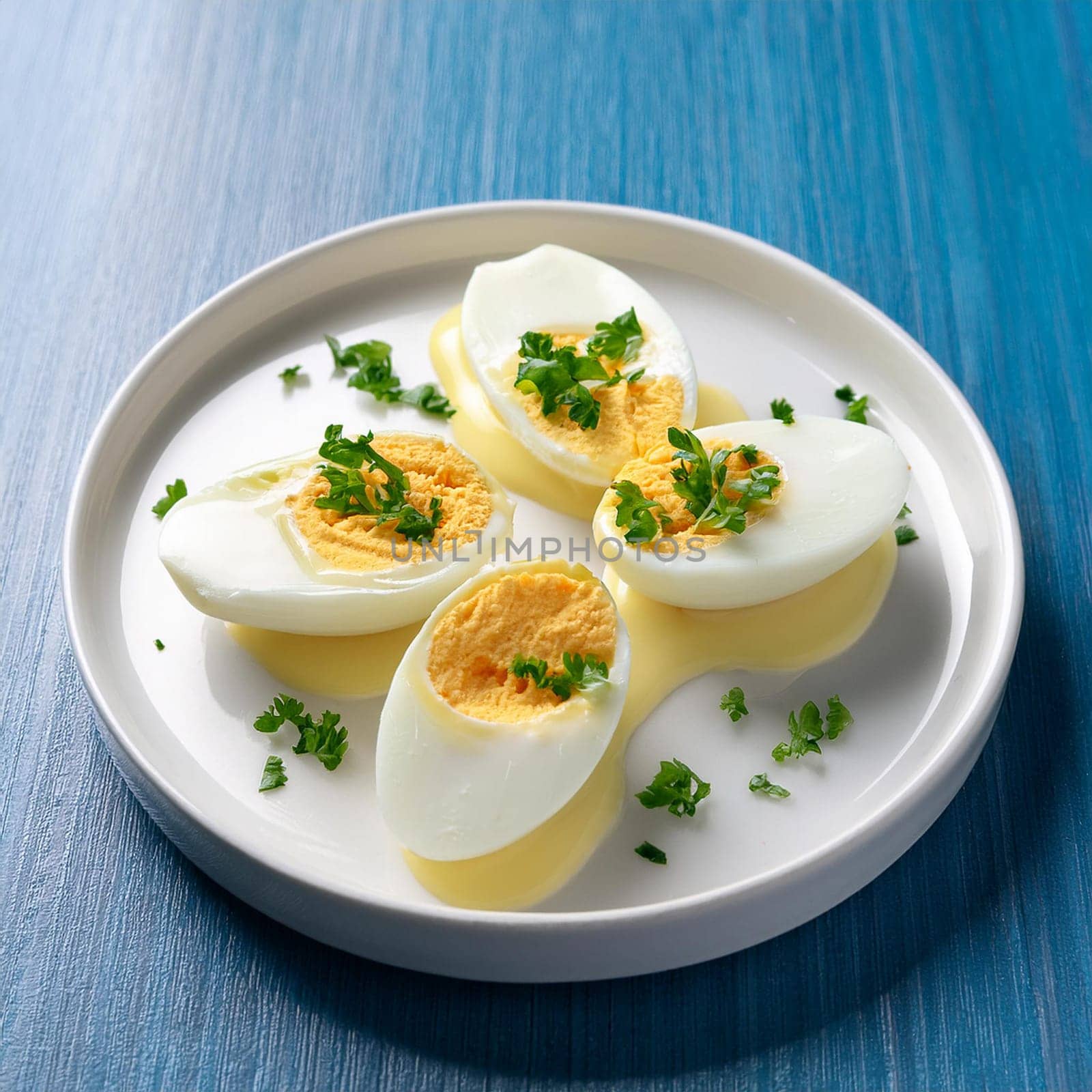 Oeufs Mayonnaise features boiled eggs with creamy yolks and rich mayonnaise garnished with fresh herbs for a delightful presentation.
