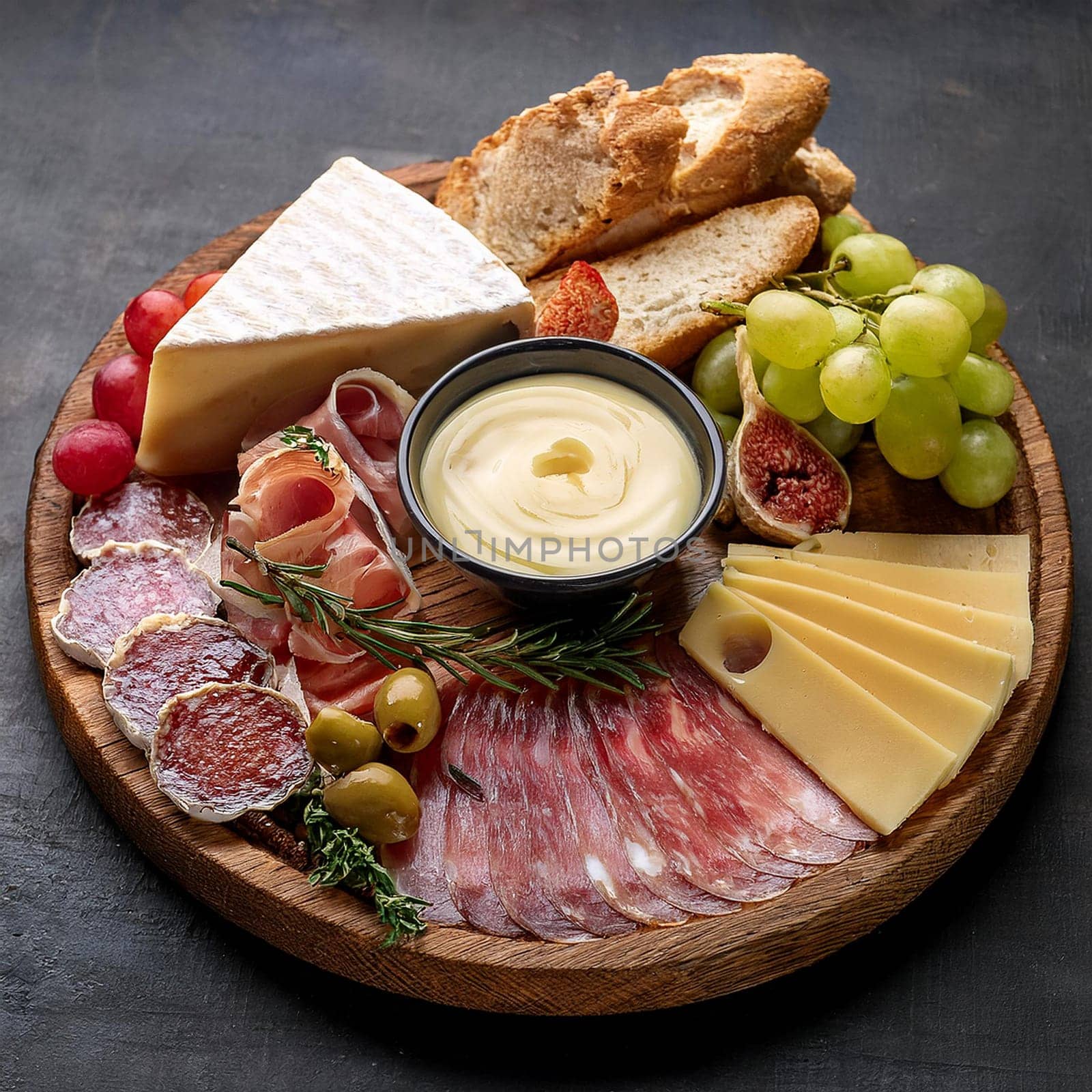 Delicious spread of mixed cheeses and cured meats beautifully arranged with fresh baguette slices and creamy butter for sharing.