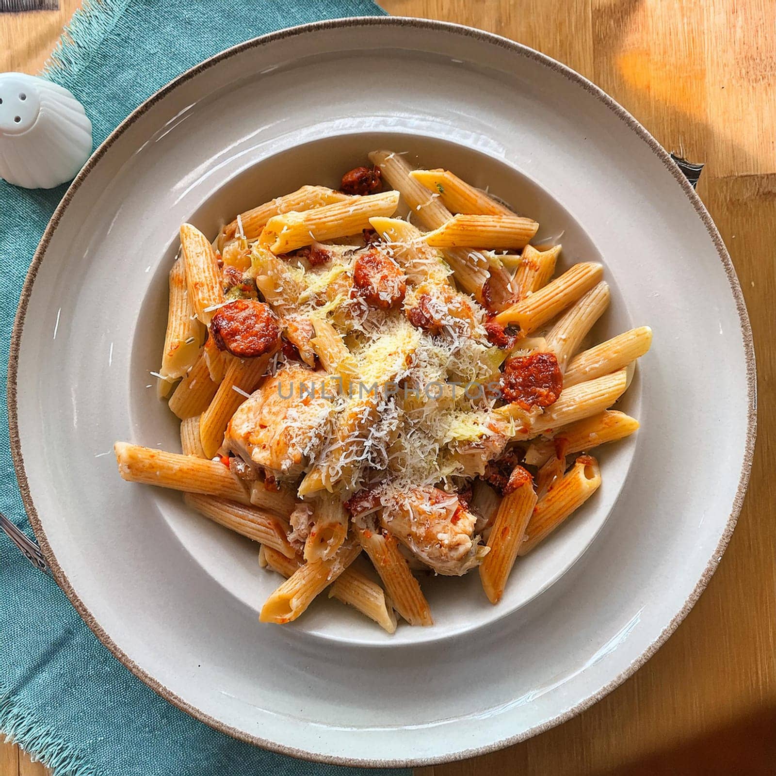 Penne au poulet et chorizo features tender chicken zesty chorizo and creamy sauce topped with melted Parmesan for rich flavors.