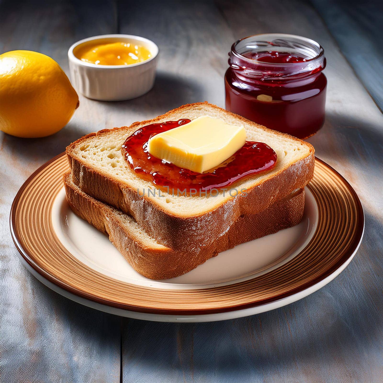 A slice of warm bread with creamy butter and vibrant jam creates a beautiful contrast inviting sweet comfort in every bite.