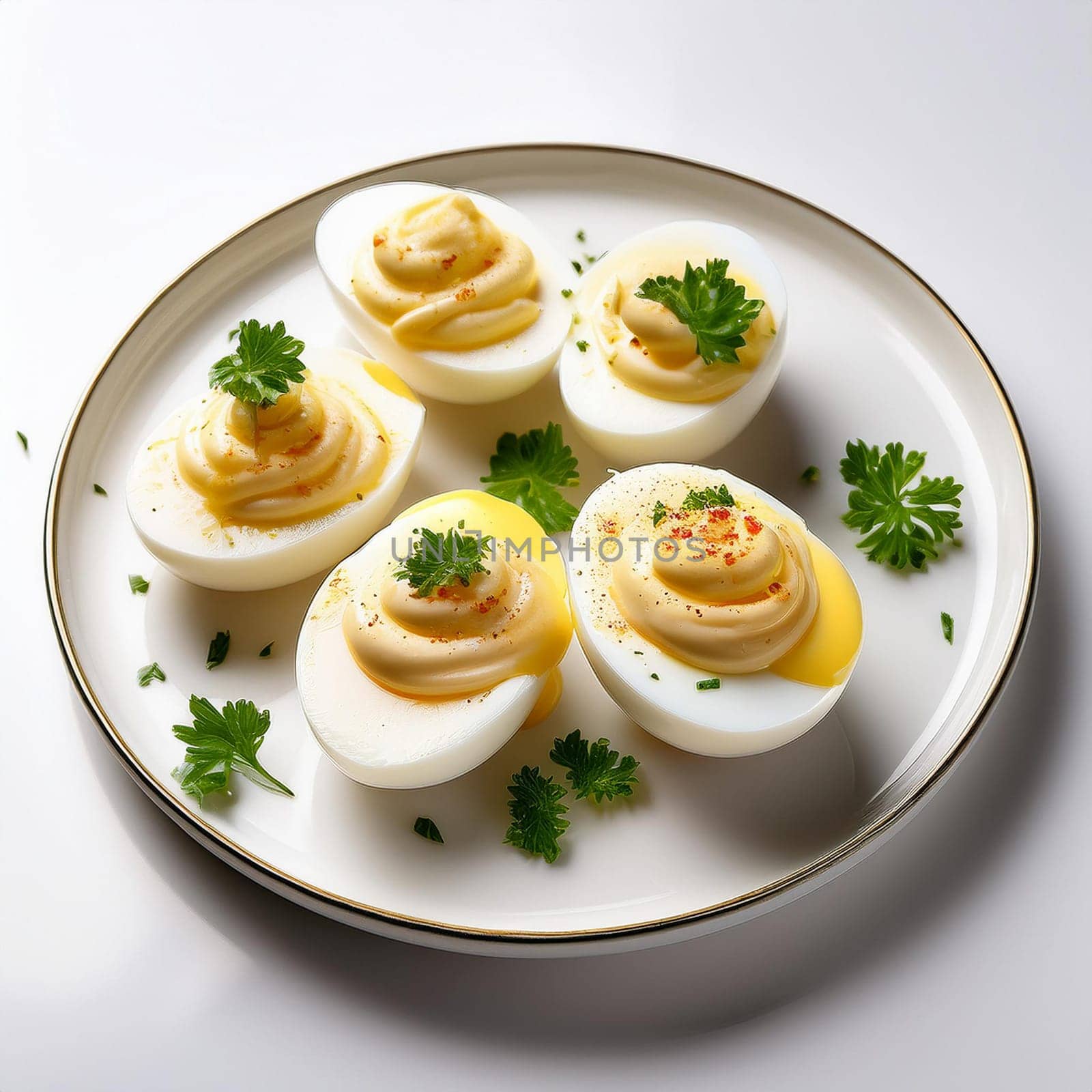 Oeufs Mayonnaise features boiled eggs with creamy yolks and rich mayonnaise garnished with fresh herbs for a delightful presentation.