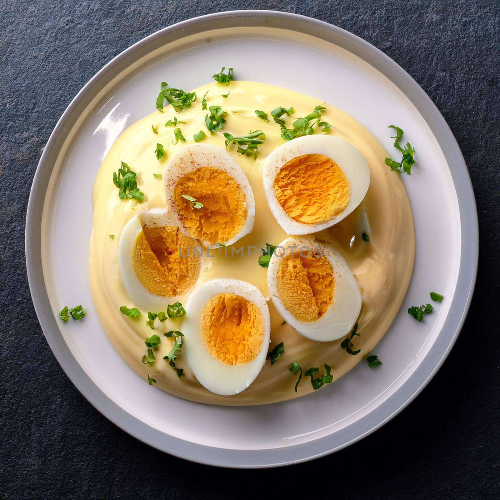 Oeufs Mayonnaise features boiled eggs with creamy yolks and rich mayonnaise garnished with fresh herbs for a delightful presentation.