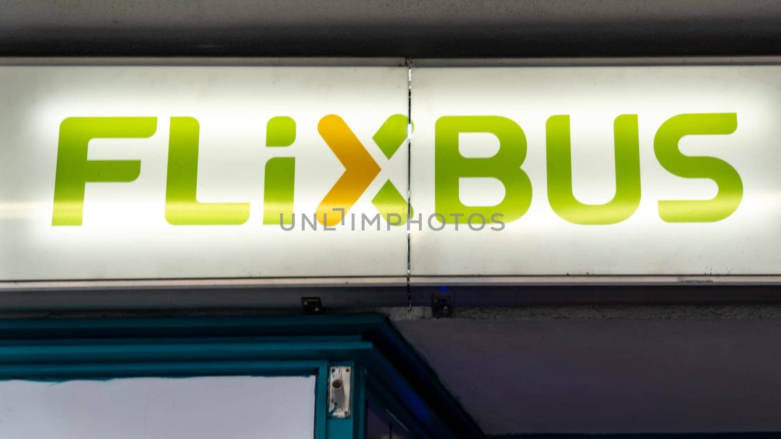 FRANKFURT, Germany - October 5th, 2019: Flixbus logo on ticket booth. Flixbus is a brand which offers intercity bus service all over Europe