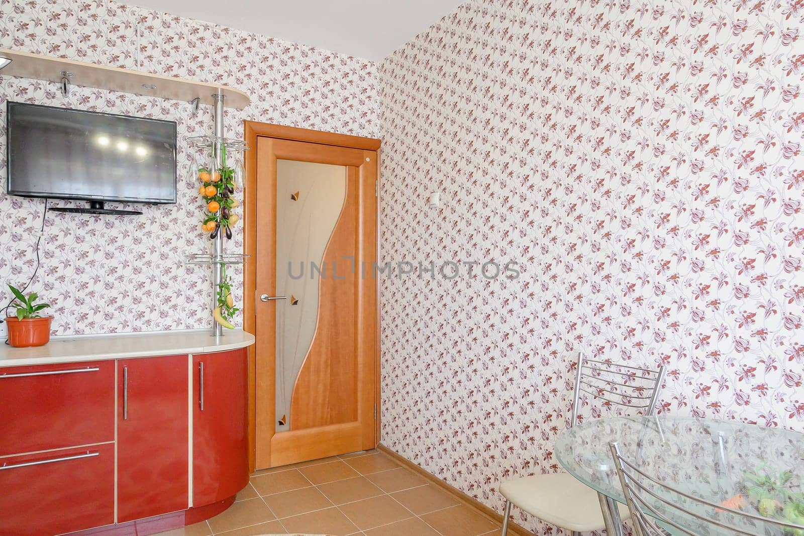 Russia, Moscow- June 10, 2019: interior room apartment. standard repair decoration in hostel. kitchen and dining room