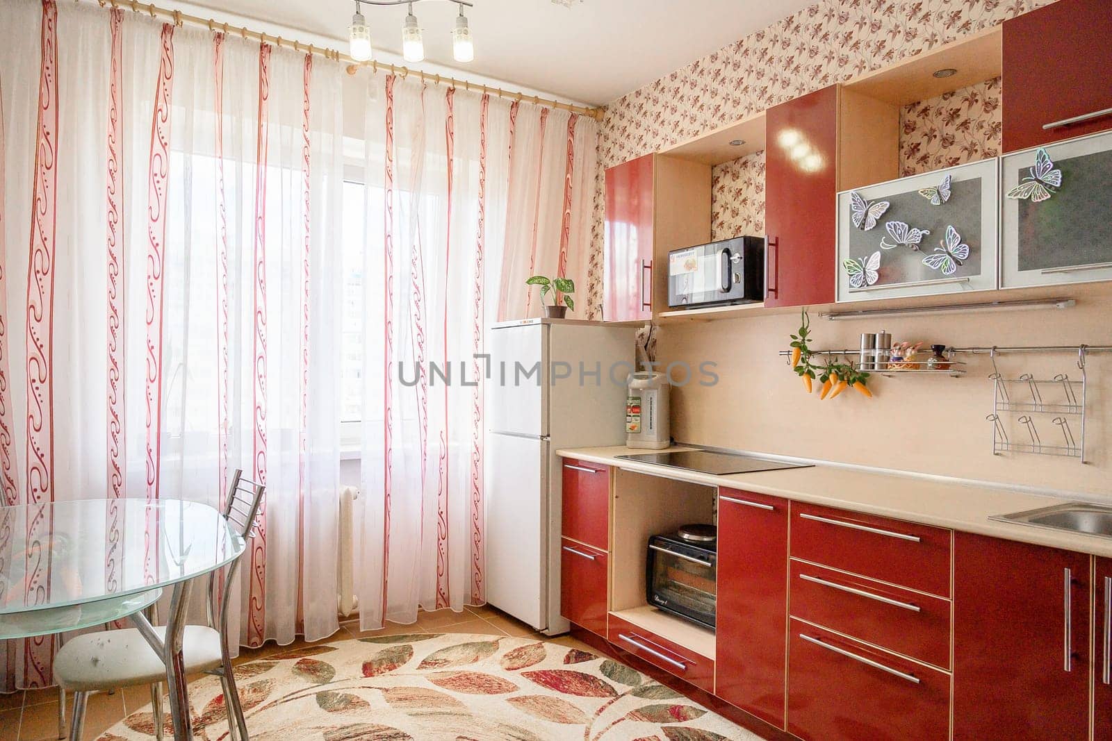 Russia, Moscow- June 10, 2019: interior room apartment. standard repair decoration in hostel. kitchen and dining room