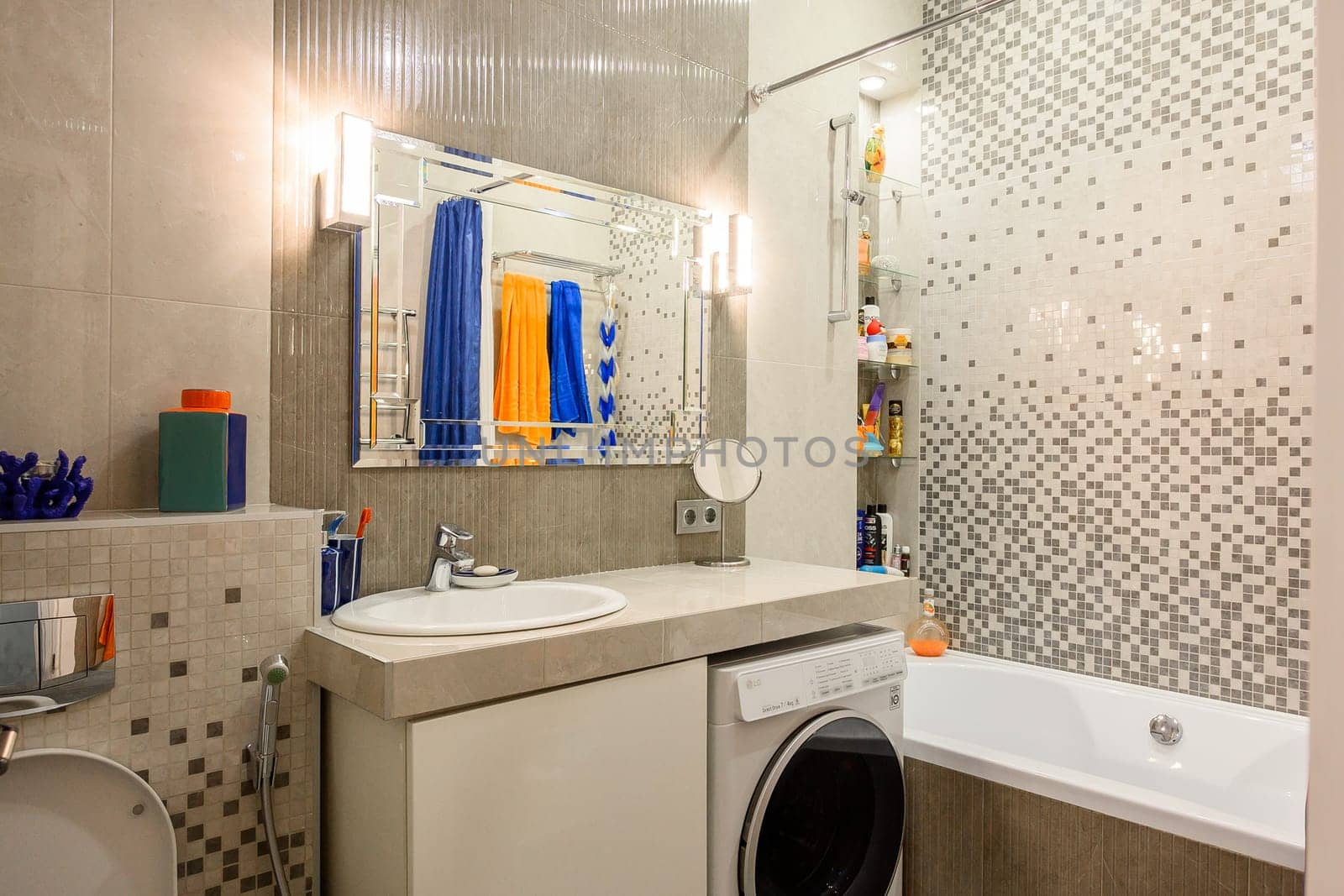 Russia, Moscow- June 10, 2019: interior room apartment. standard repair decoration in hostel. bathroom and toilet