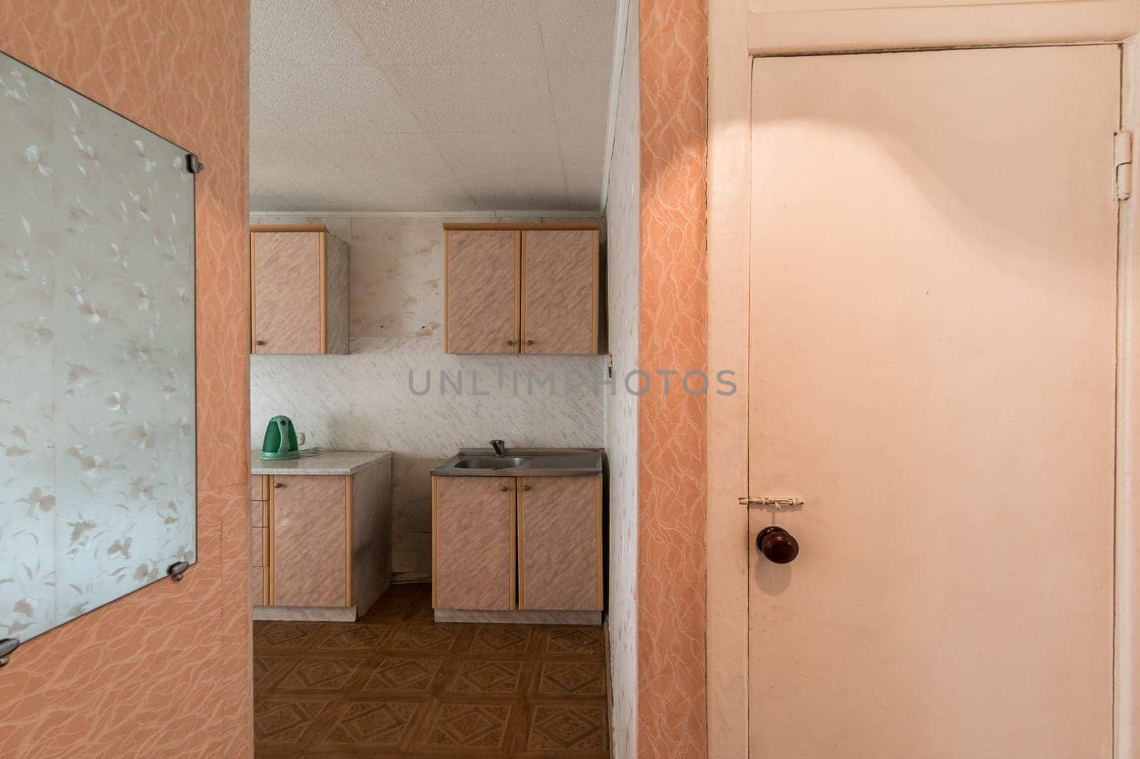 Russia, Moscow- June 11, 2019: interior room apartment. standard repair decoration in hostel. old not modern decor