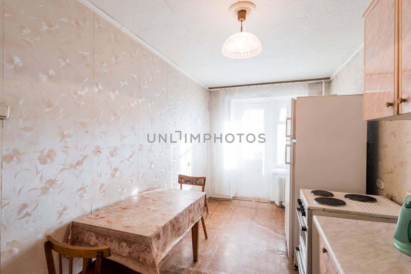 Russia, Moscow- June 11, 2019: interior room apartment. standard repair decoration in hostel. old not modern decor